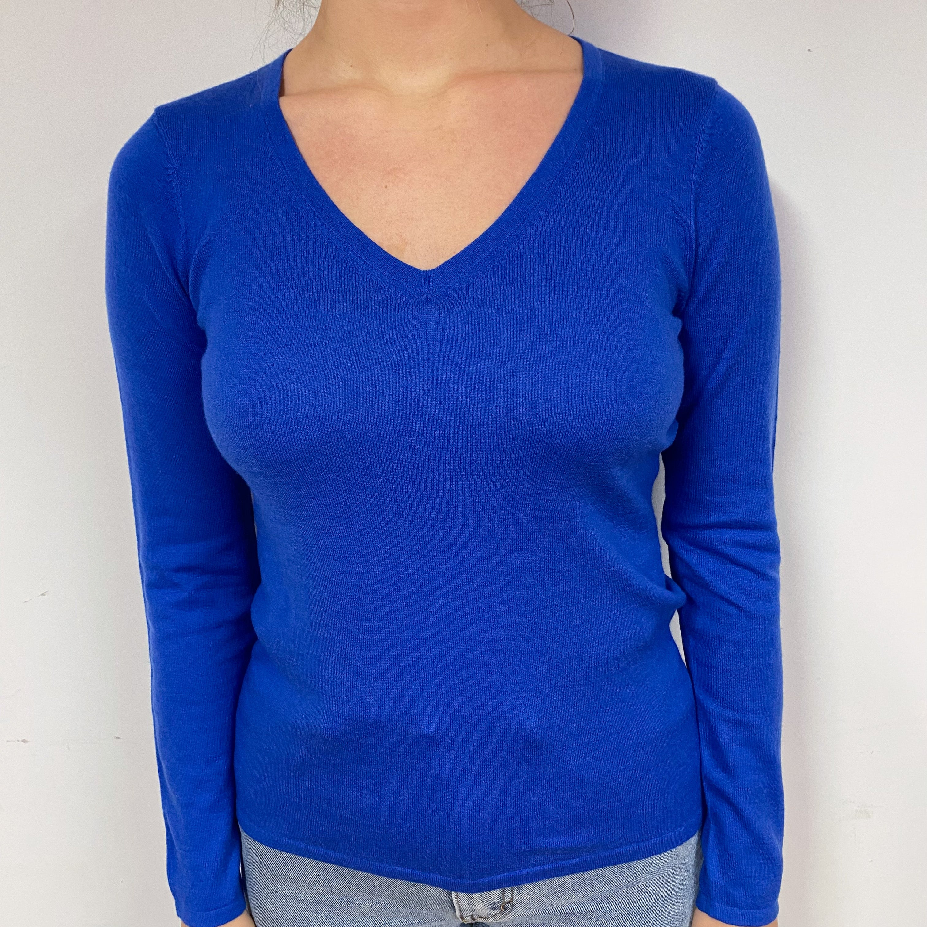 Fine Knit Cobalt Blue Cashmere V-Neck Jumper Small