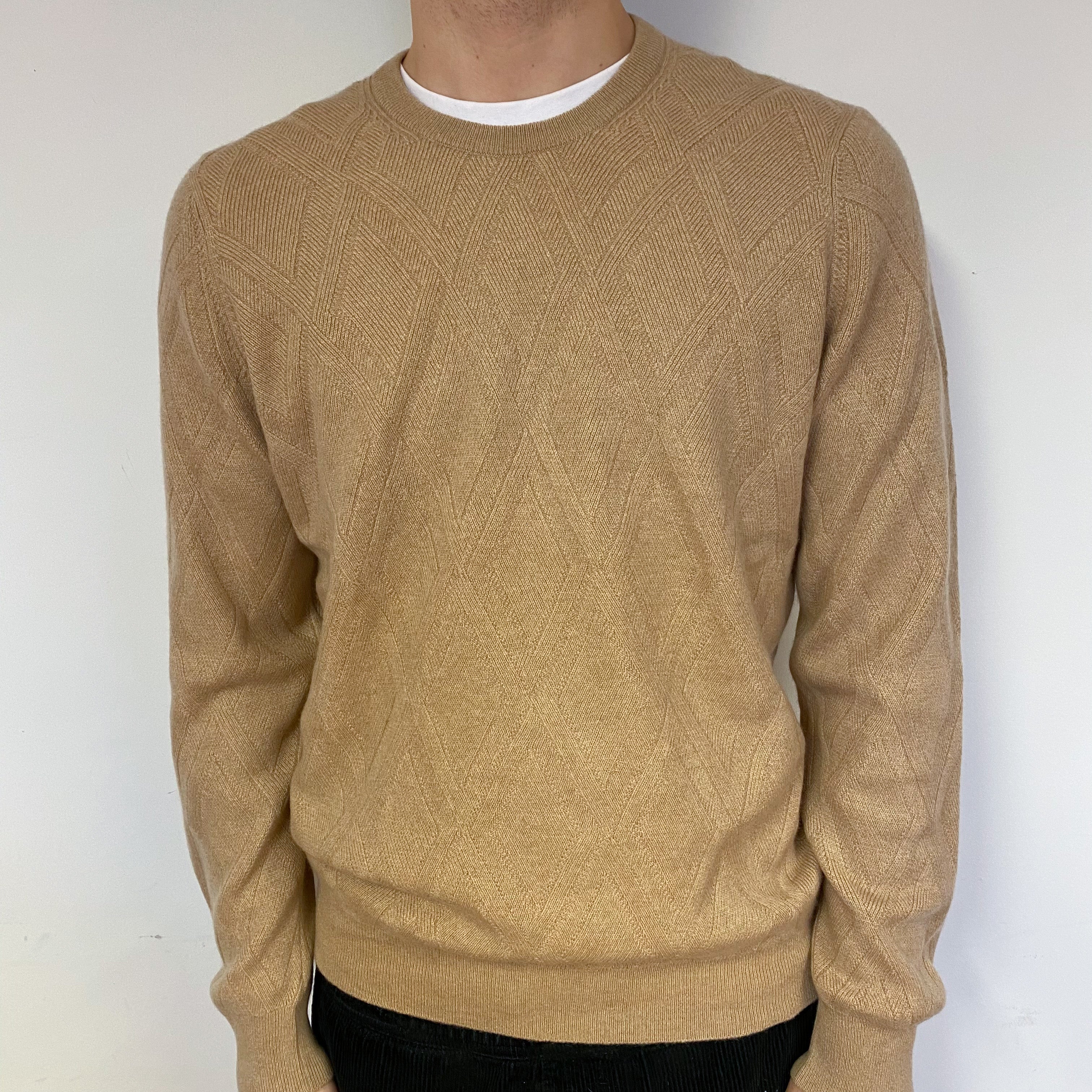 Men's Camel Scottish Cashmere Crew Neck Jumper Large