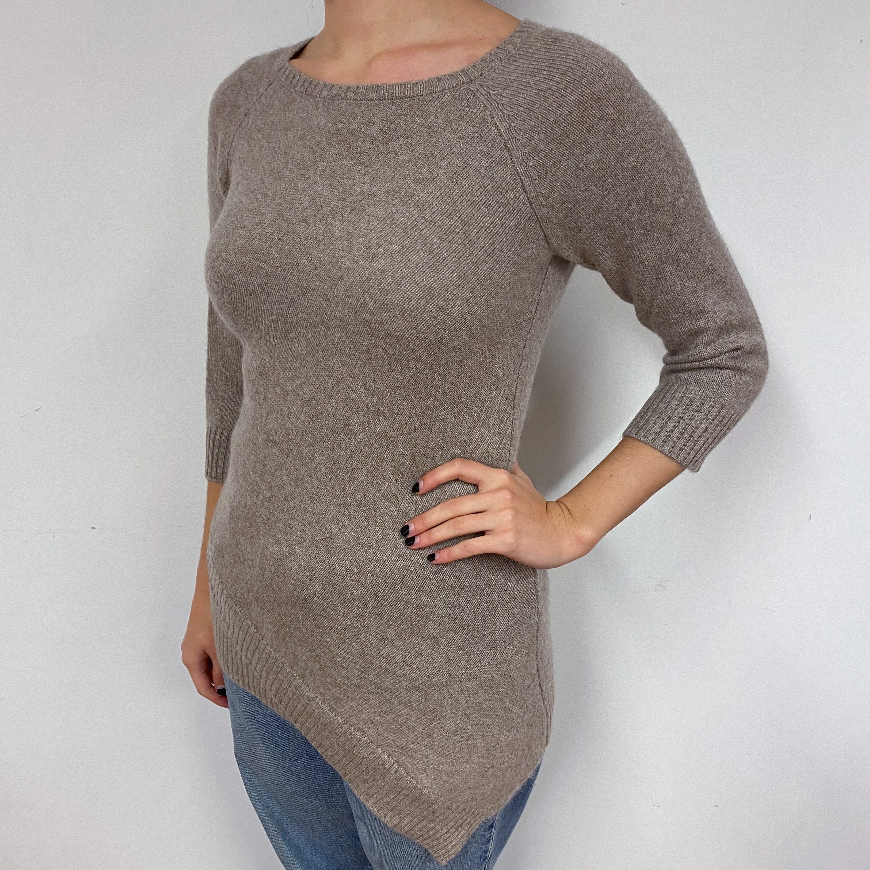 Taupe Brown Tunic Style Cashmere Crew Neck Jumper Small