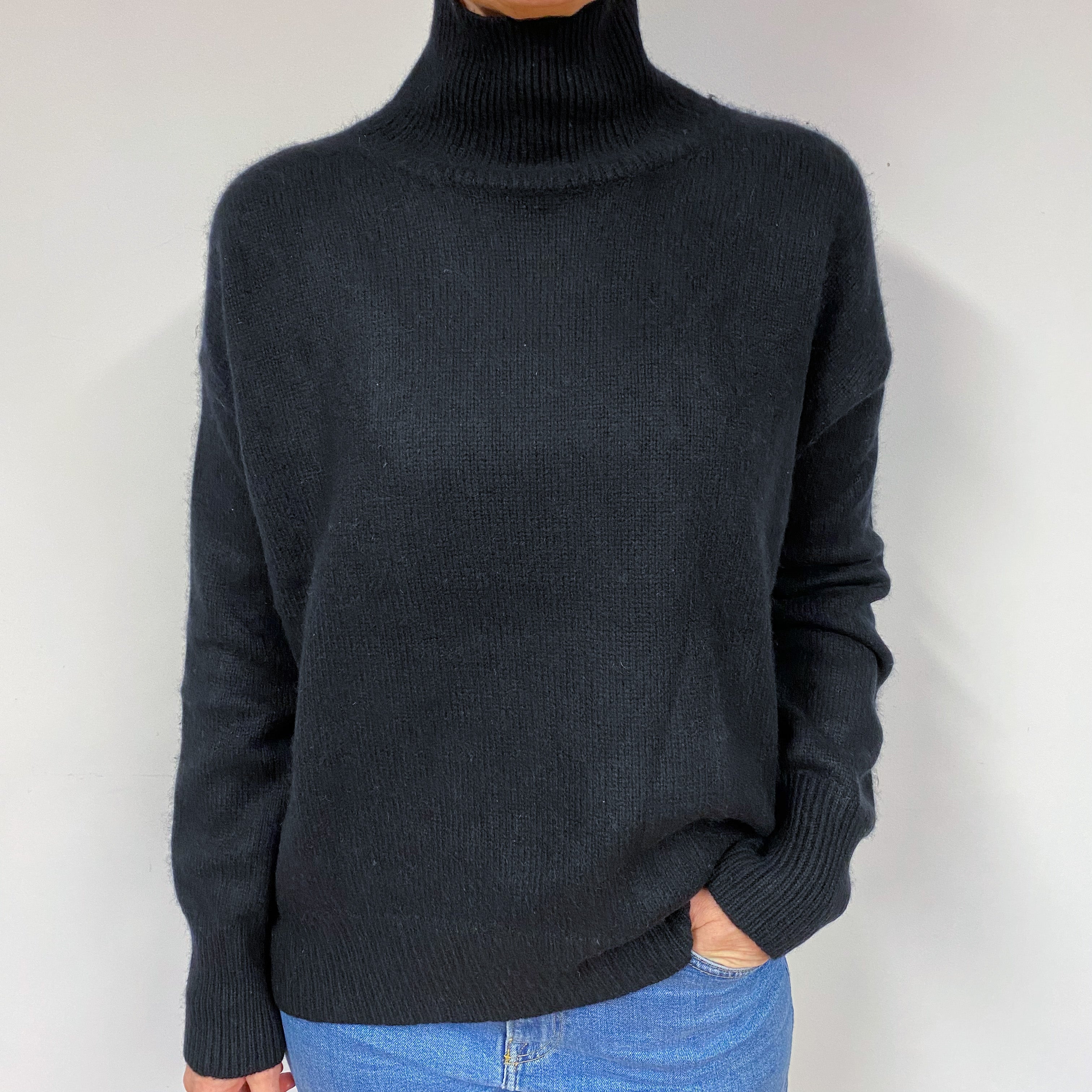 Slouchy Black Cashmere Polo Neck Jumper Medium