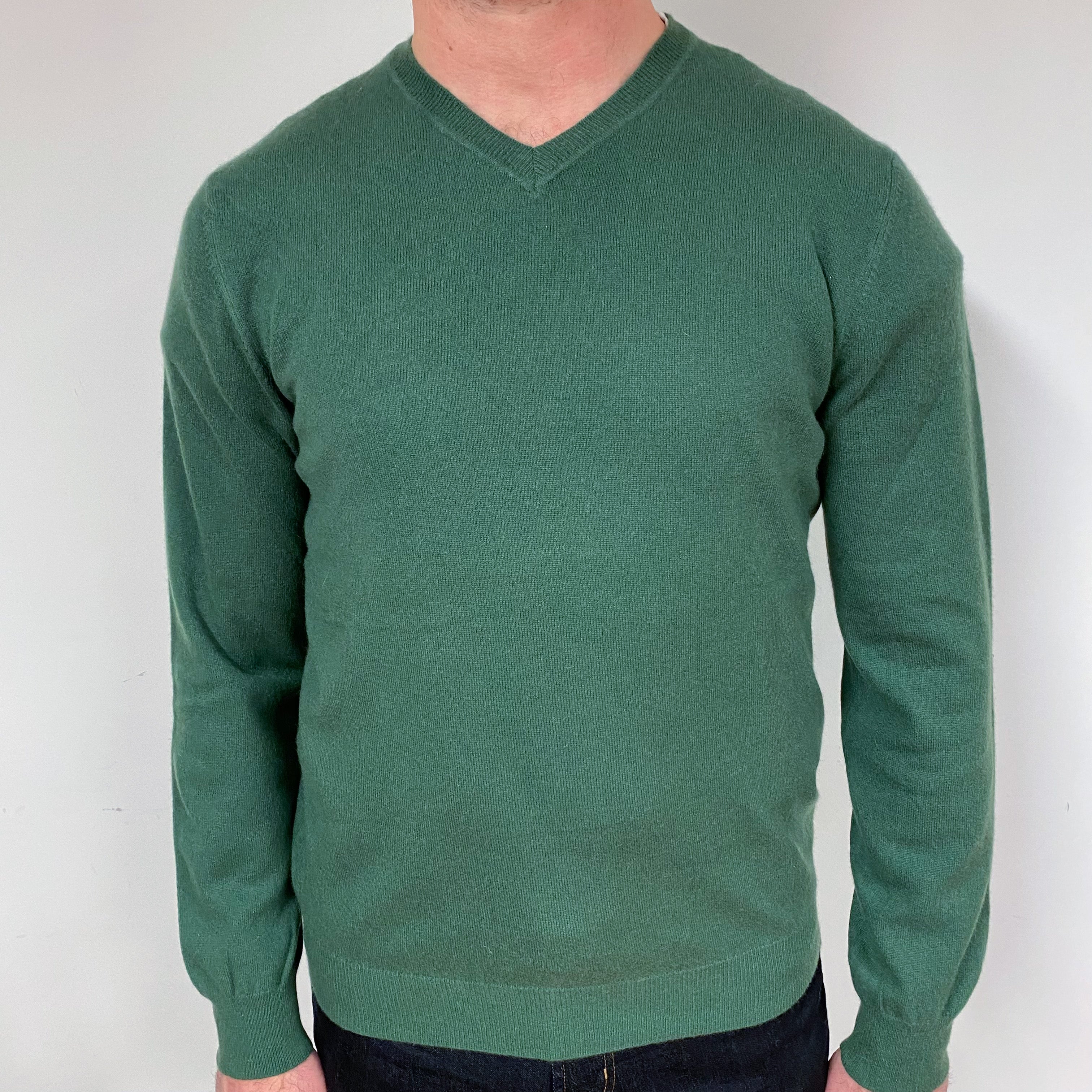 Men's Basil Green Cashmere V-Neck Jumper Extra Large