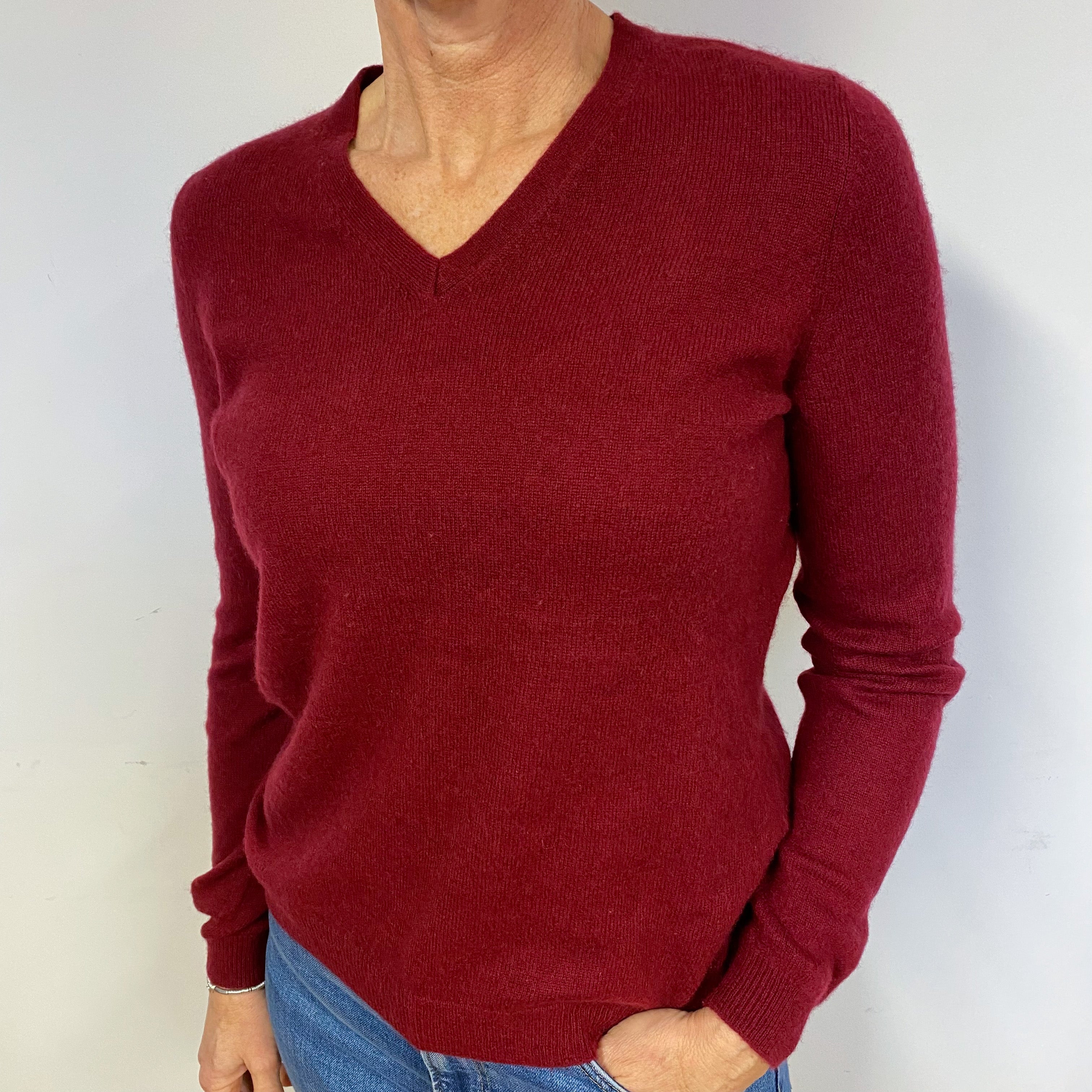 Claret Red Cashmere V-Neck Jumper Medium