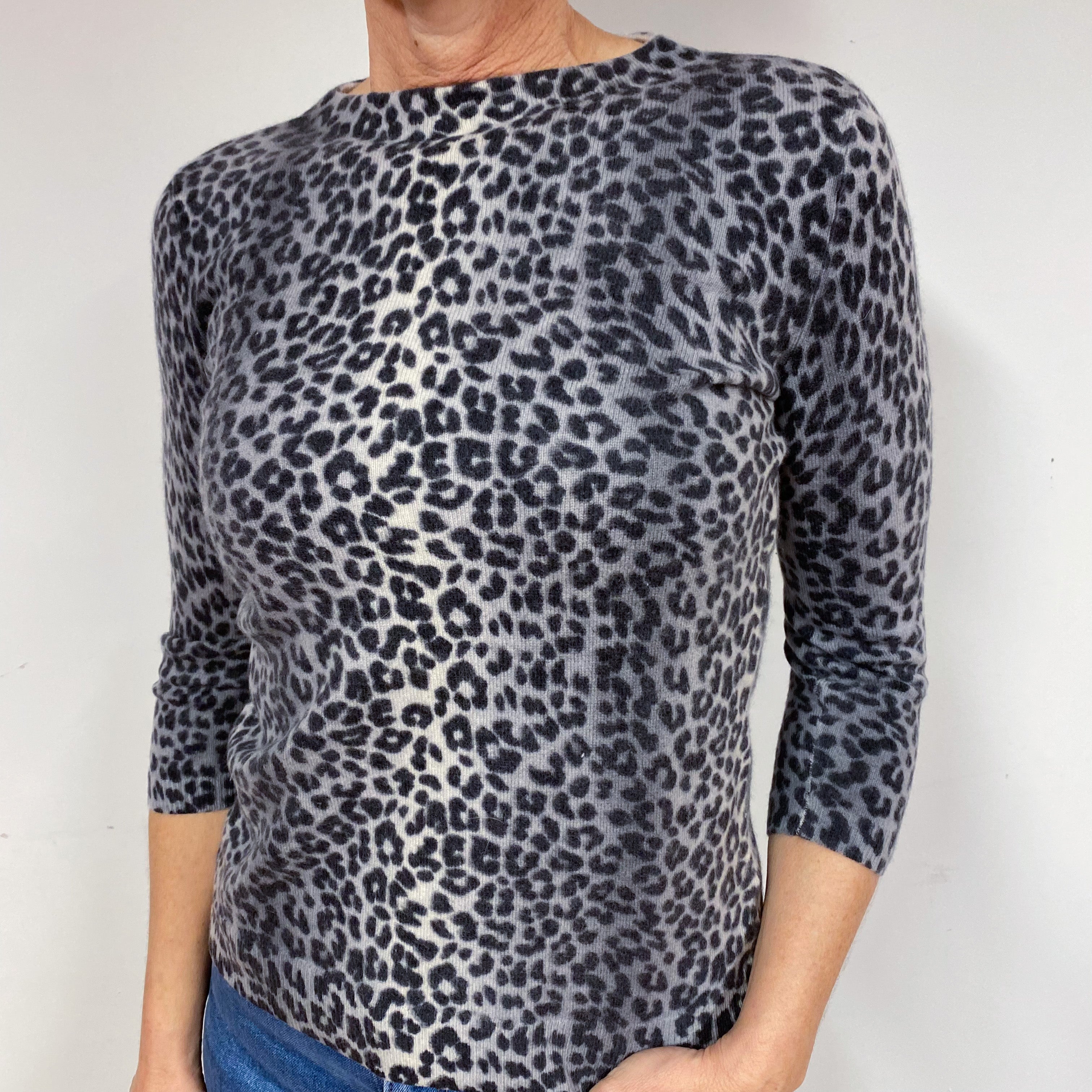 Grey Leopard Cashmere Crew Neck Jumper Medium