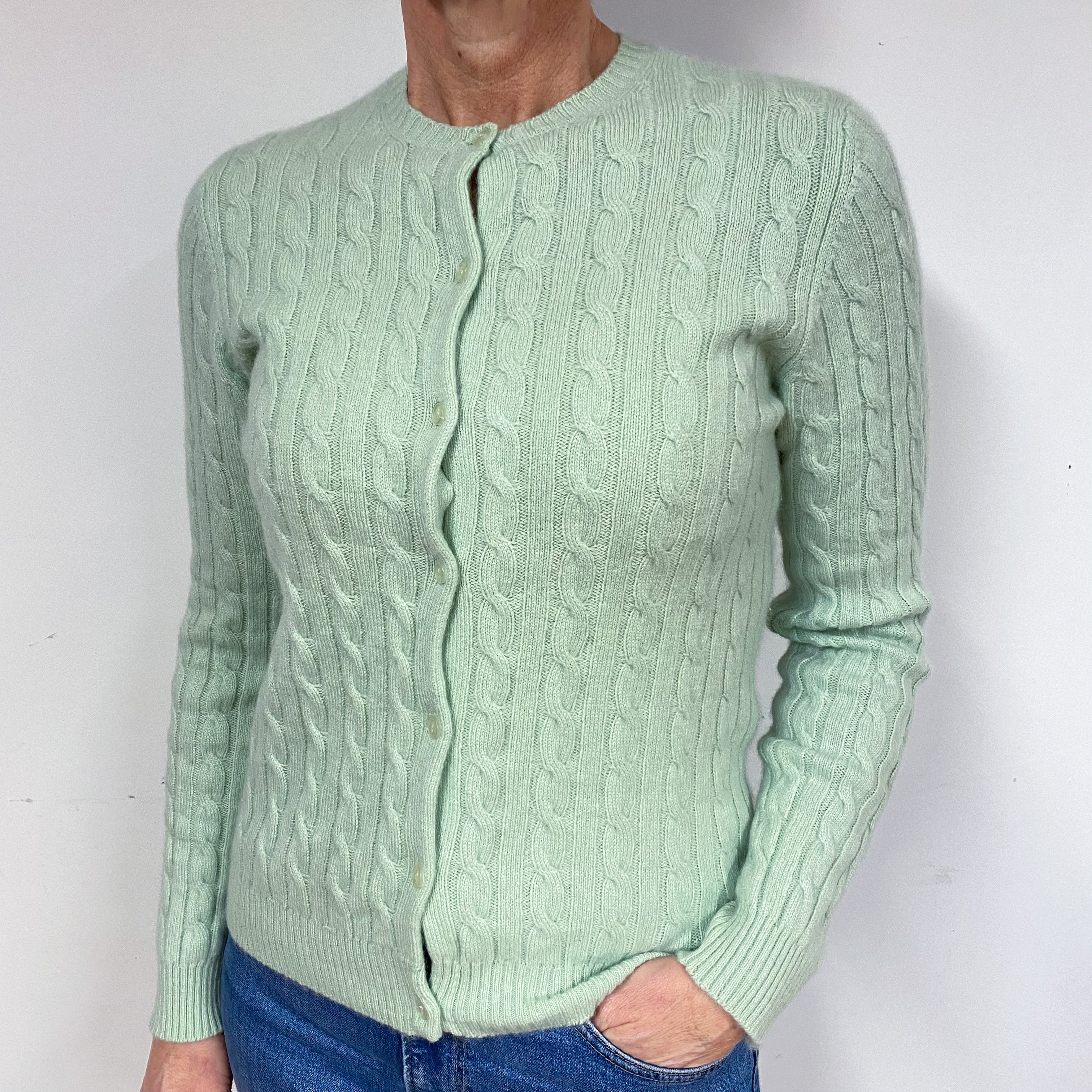 Pale Green Cable Cashmere Crew Neck Cardigan Medium