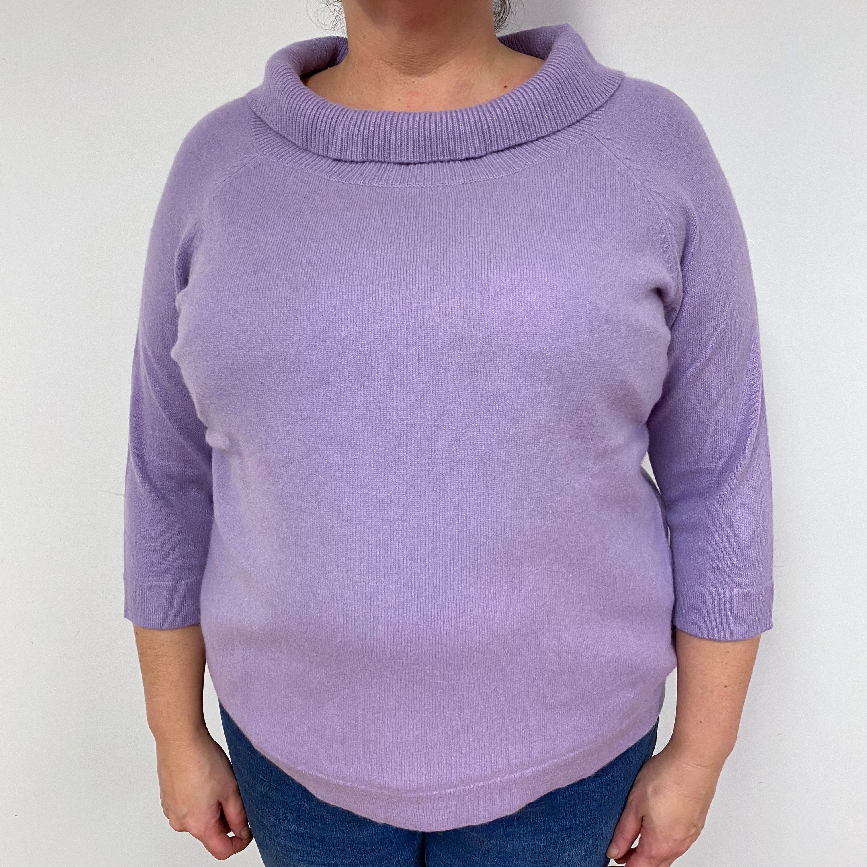 Lilac Purple 3/4 Sleeve Cashmere Roll Neck Jumper Extra Large