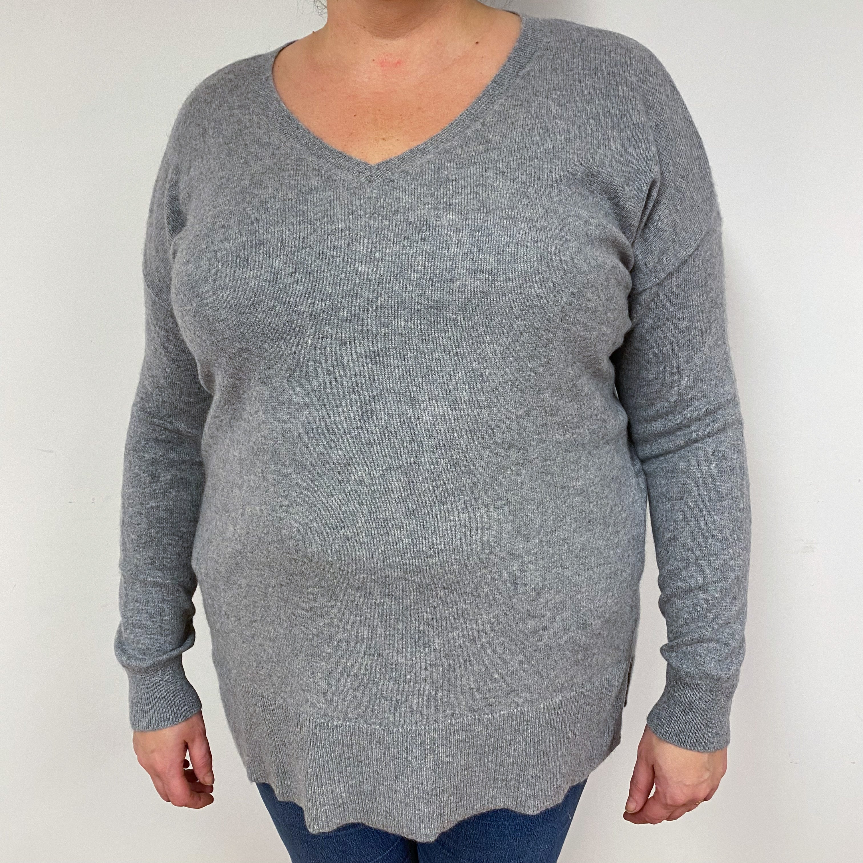 Ash Grey Longline Cashmere V-Neck Jumper Extra Large