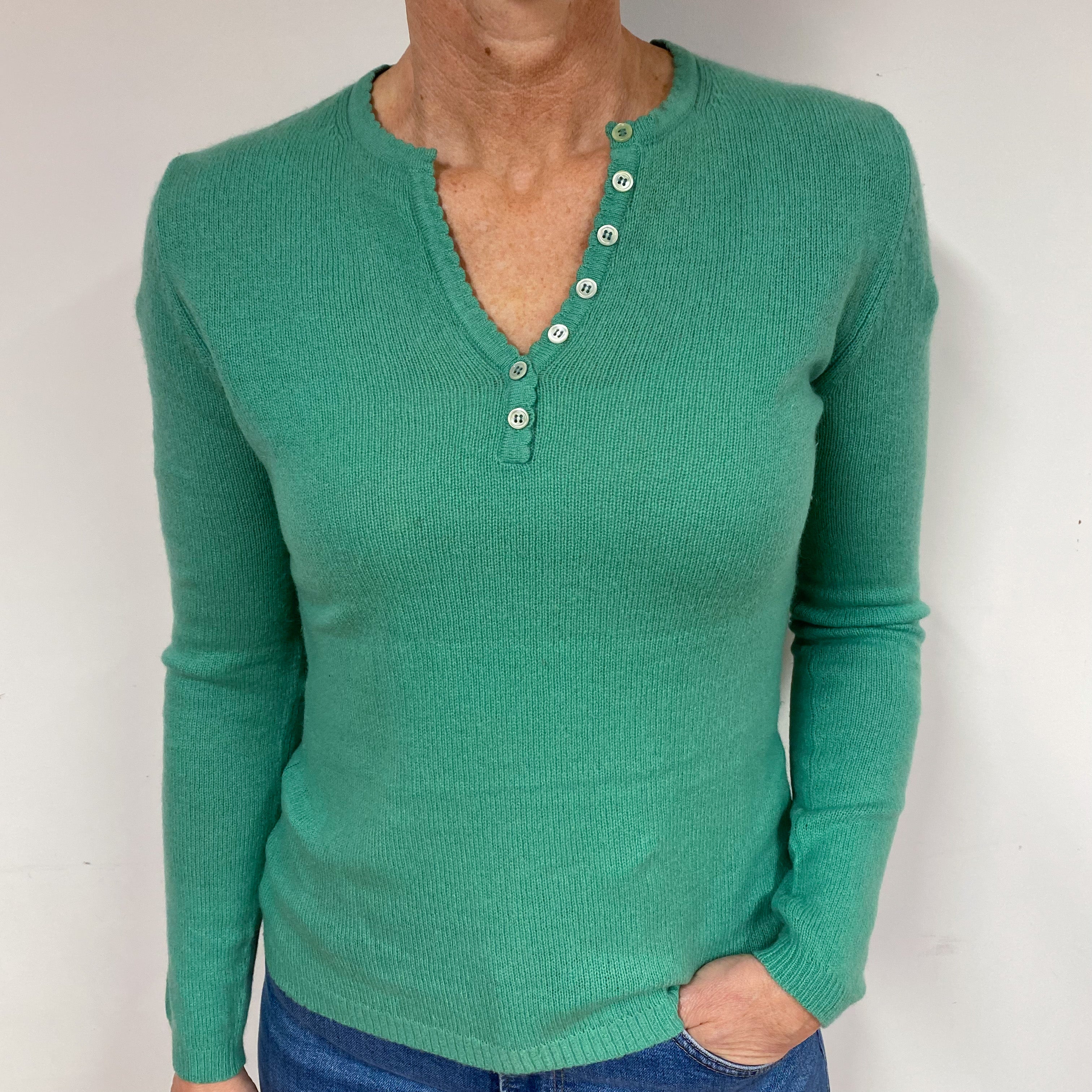 Shamrock Green Buttoned Cashmere V-Neck Jumper Medium