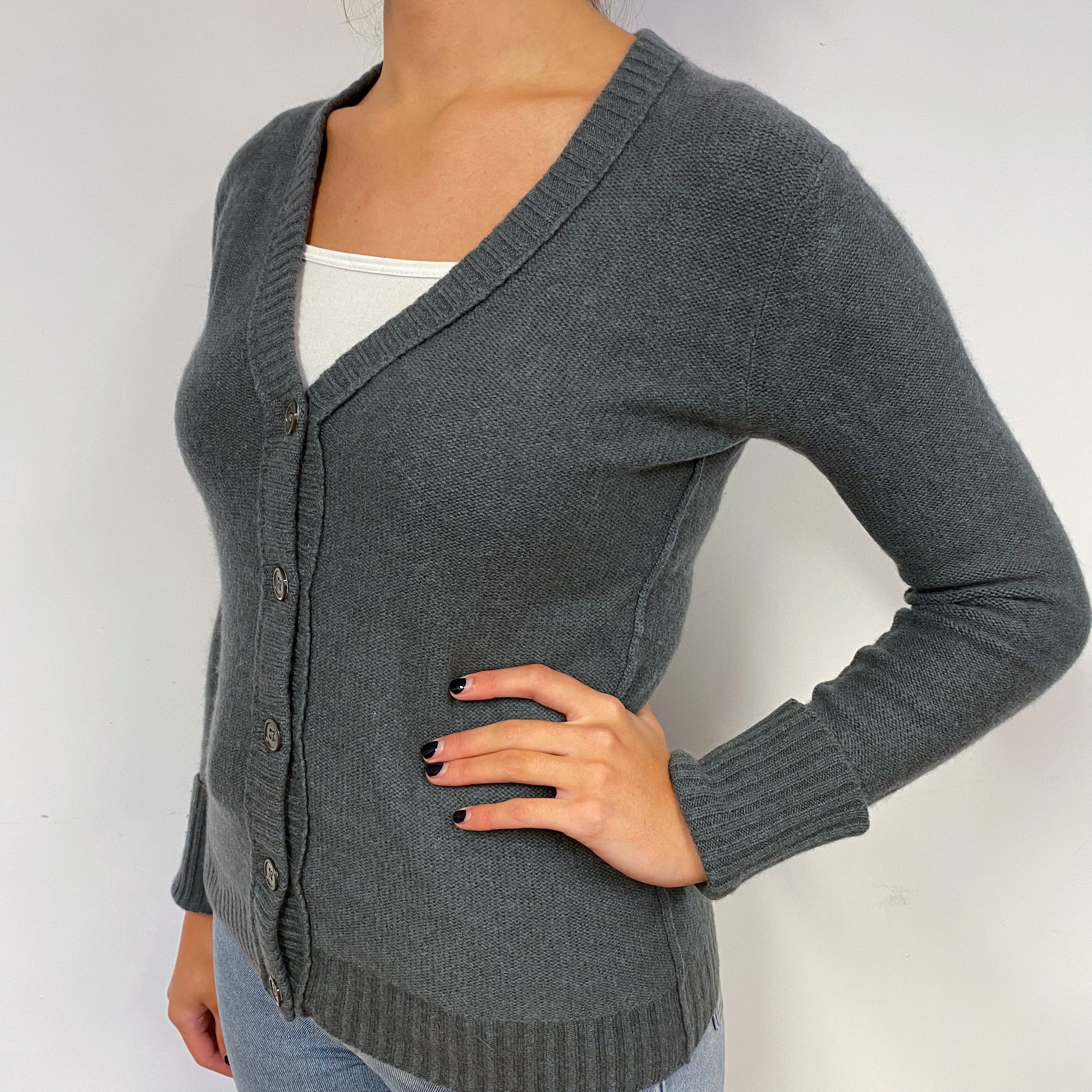 Deep Khaki Green Cashmere V-Neck Cardigan Small