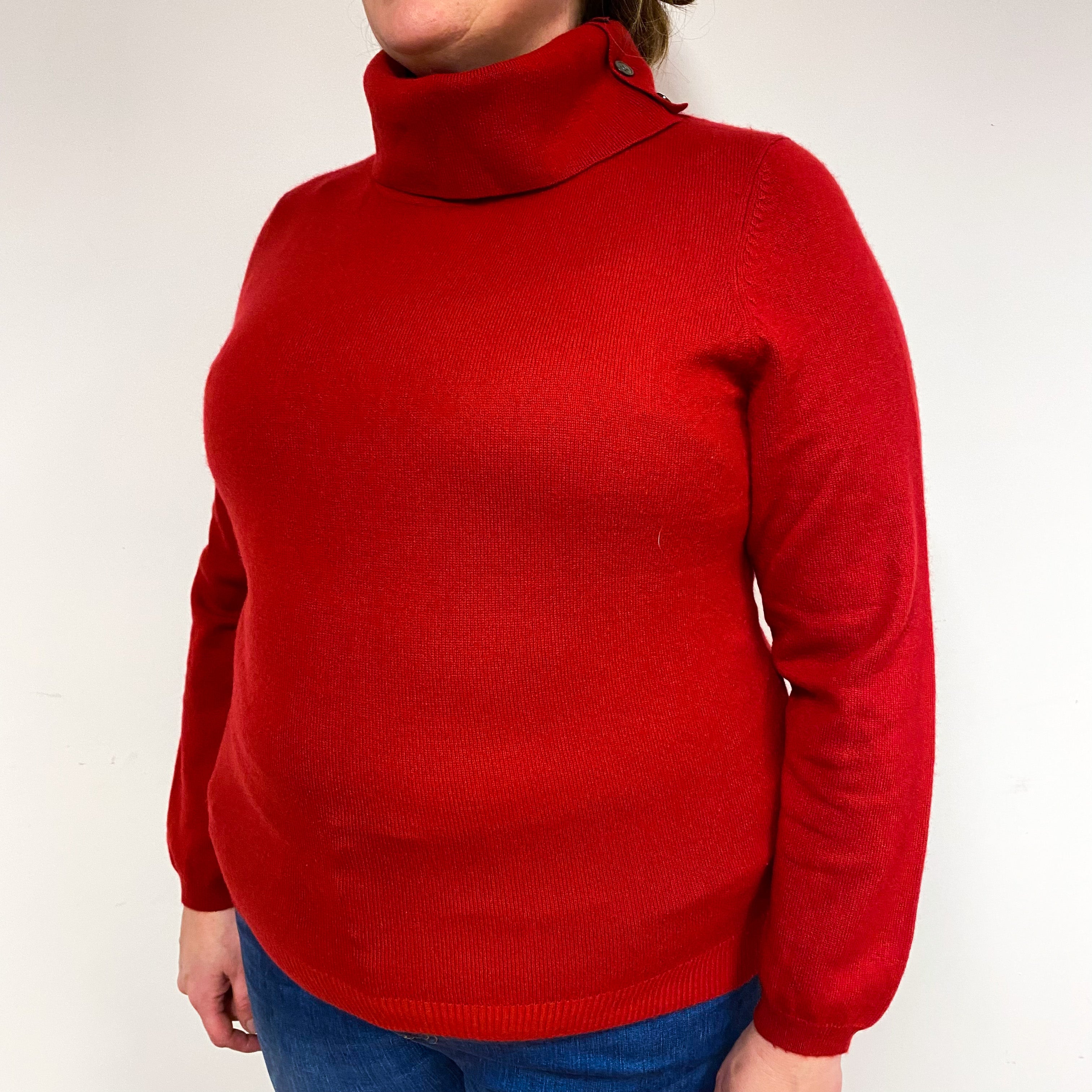 Ruby Red Cashmere Buttoned Polo Neck Jumper Extra Large