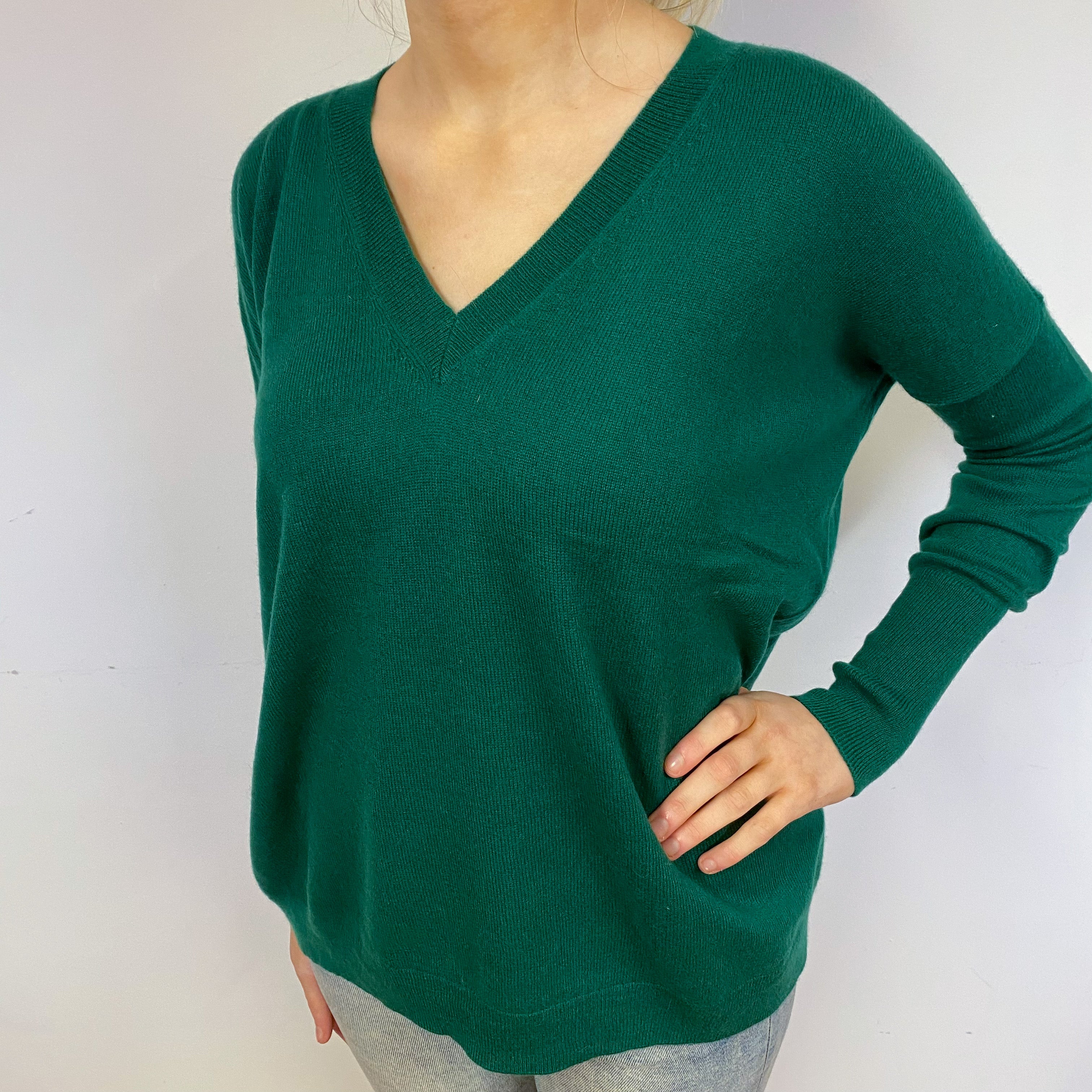 Slouchy Forest Green Cashmere V-Neck Jumper Small