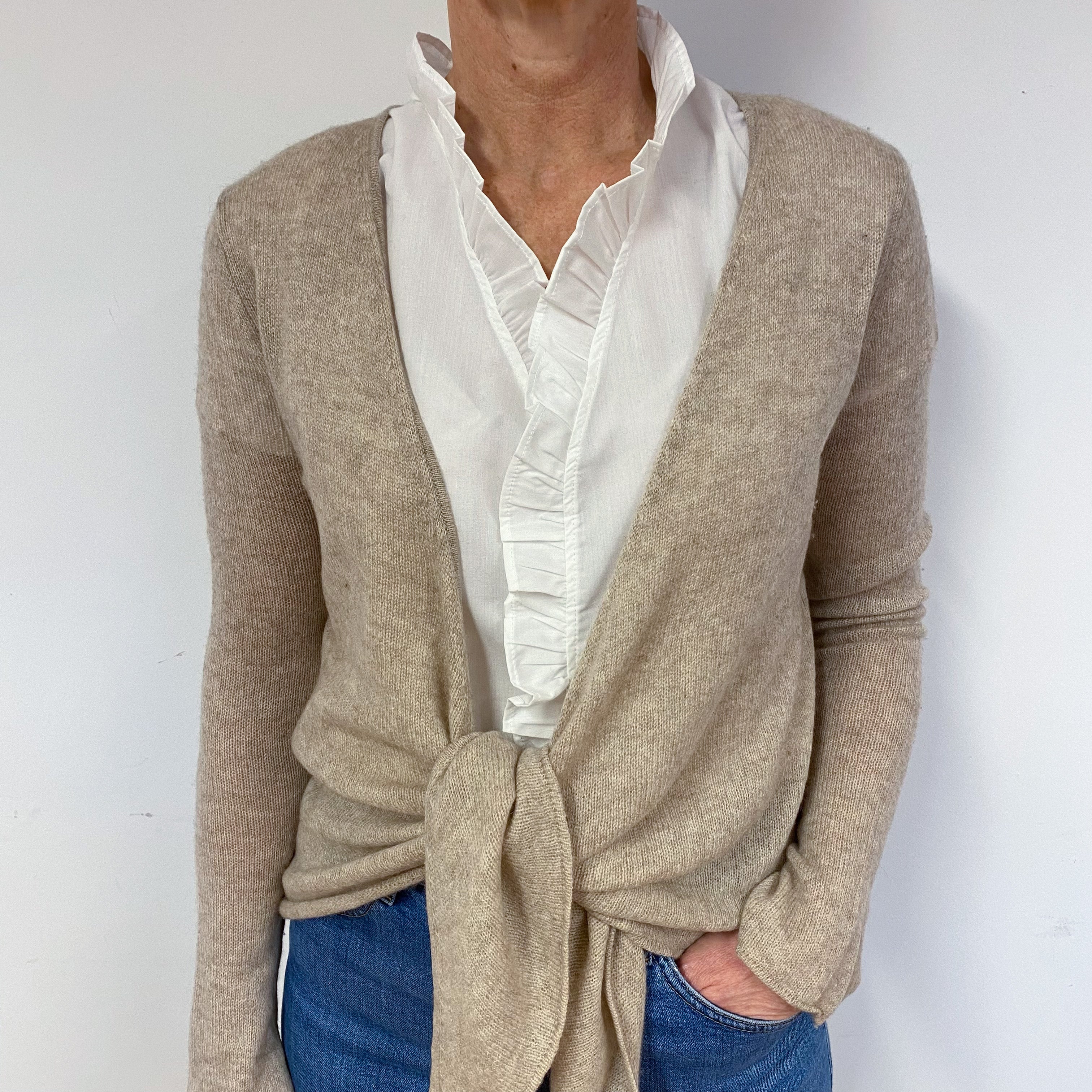 Fawn Cashmere Tie Front Cardigan Medium