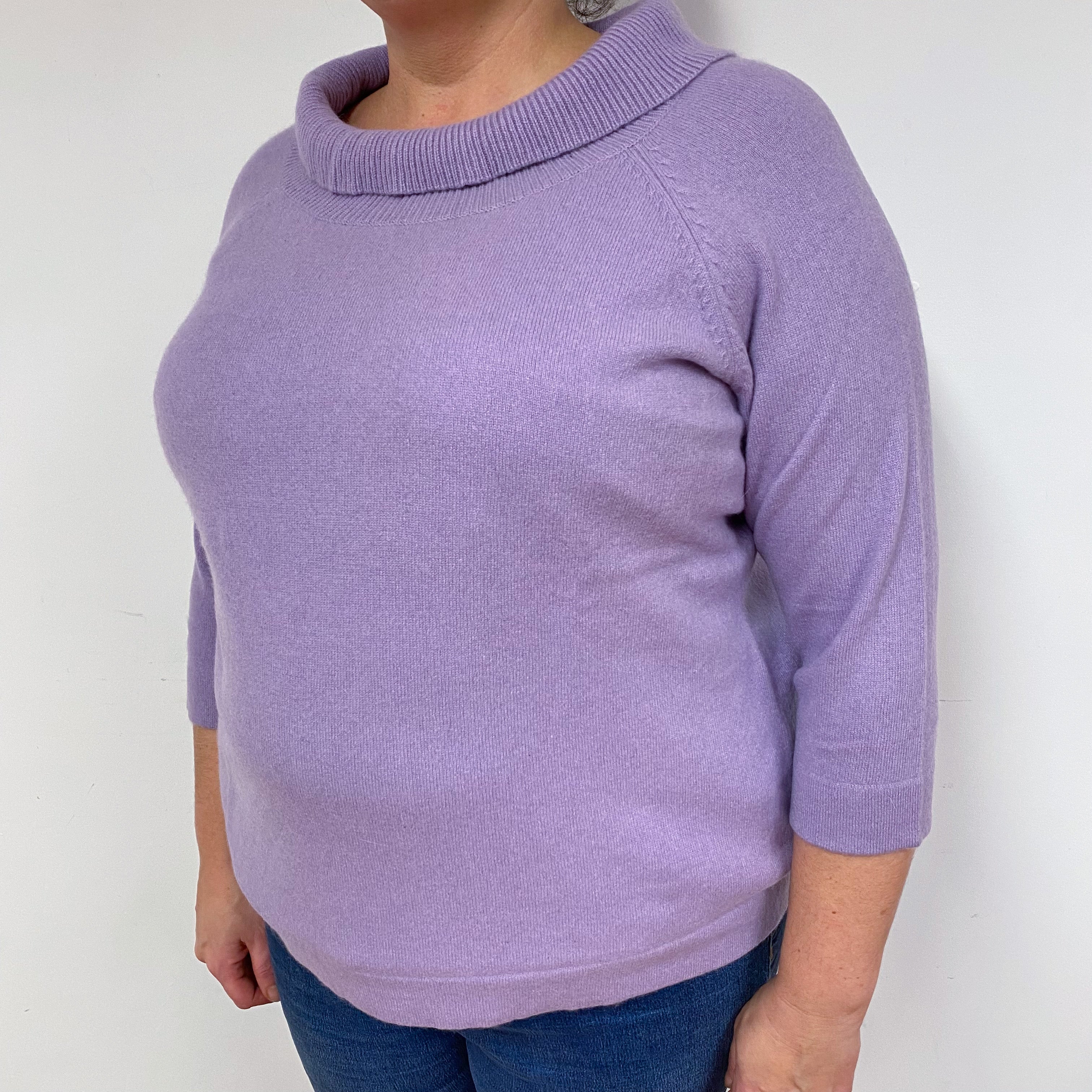 Lilac Purple 3/4 Sleeve Cashmere Roll Neck Jumper Extra Large