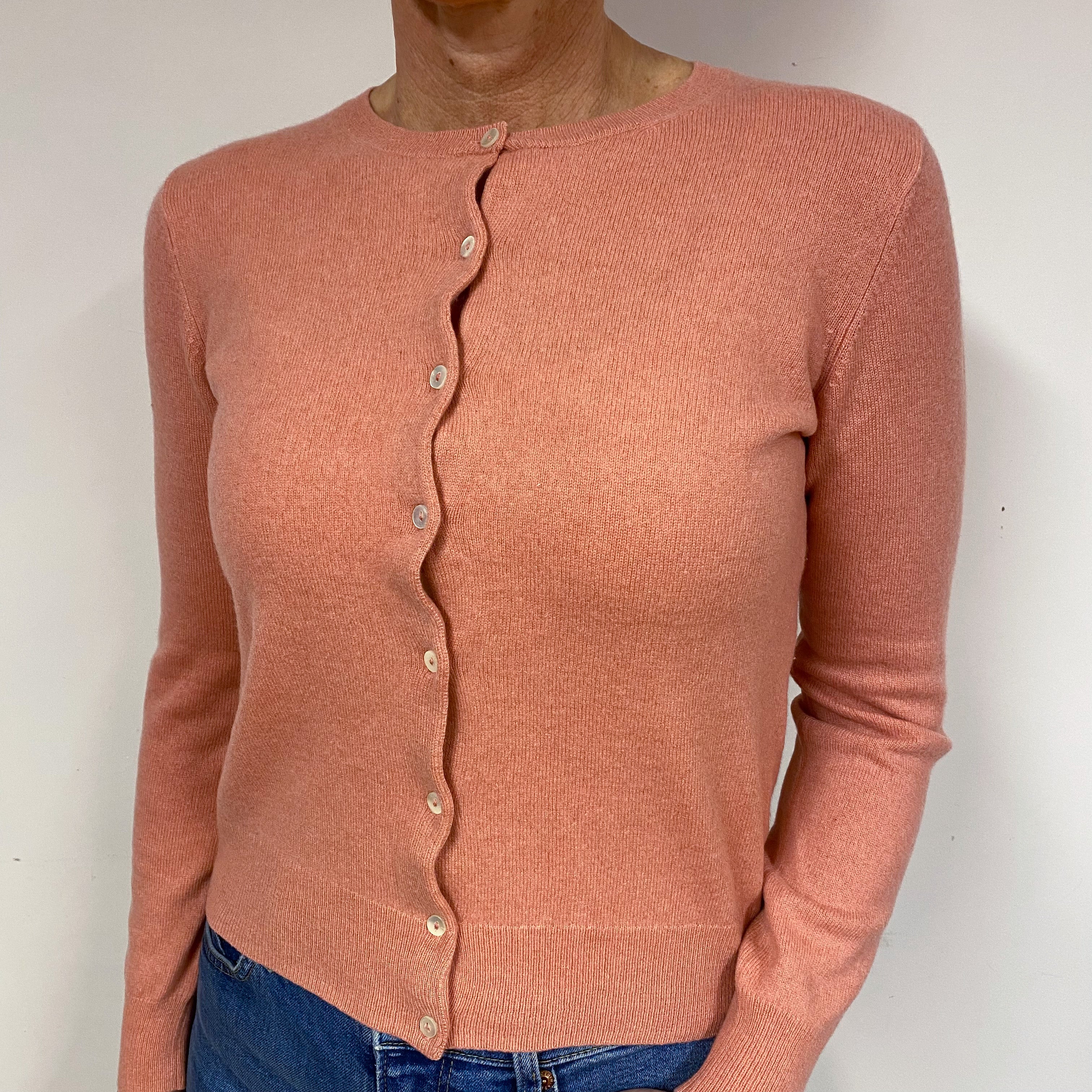 Salmon Pink Cashmere Crew Neck Cardigan Medium