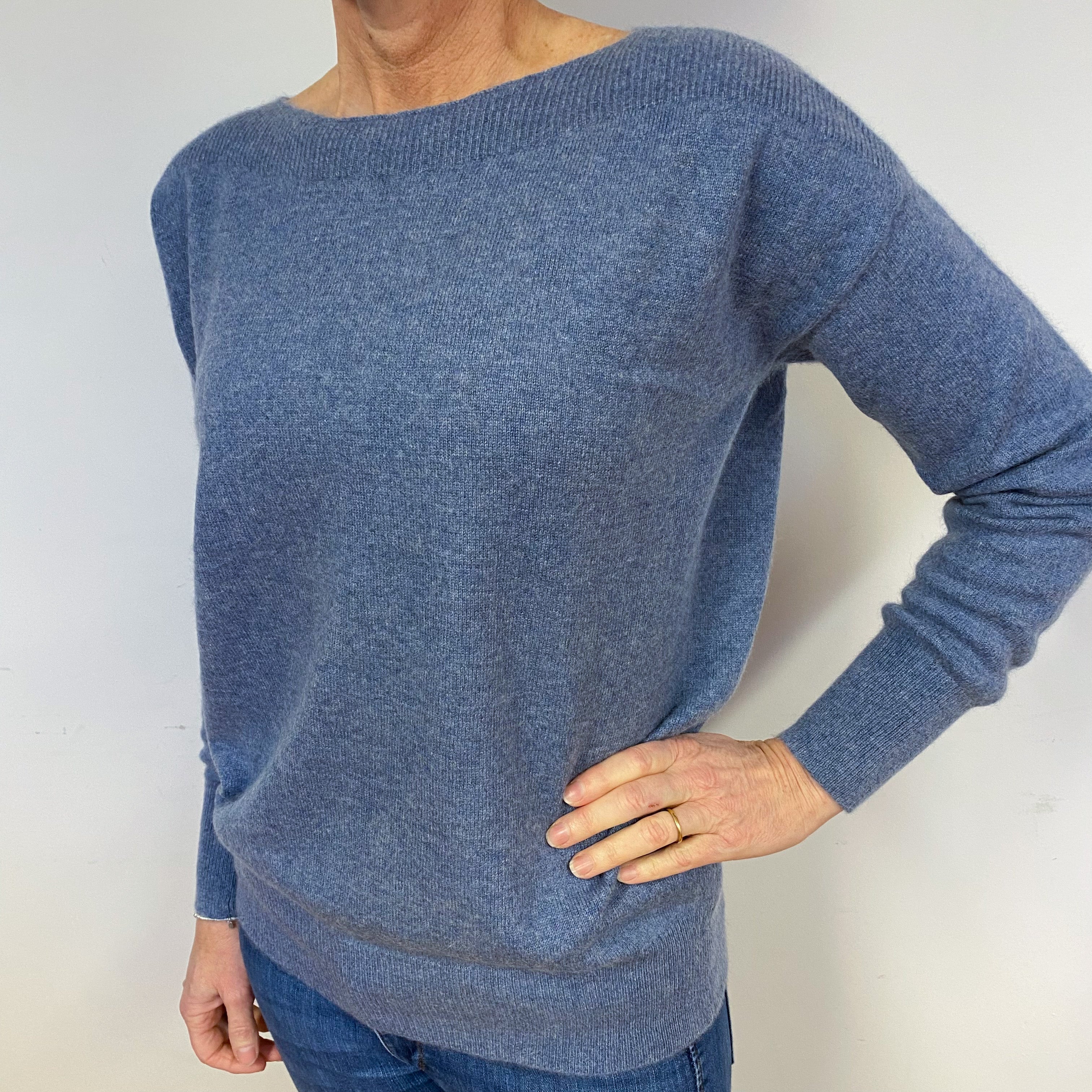 Slouchy Denim Blue Cashmere Crew Neck Jumper Medium