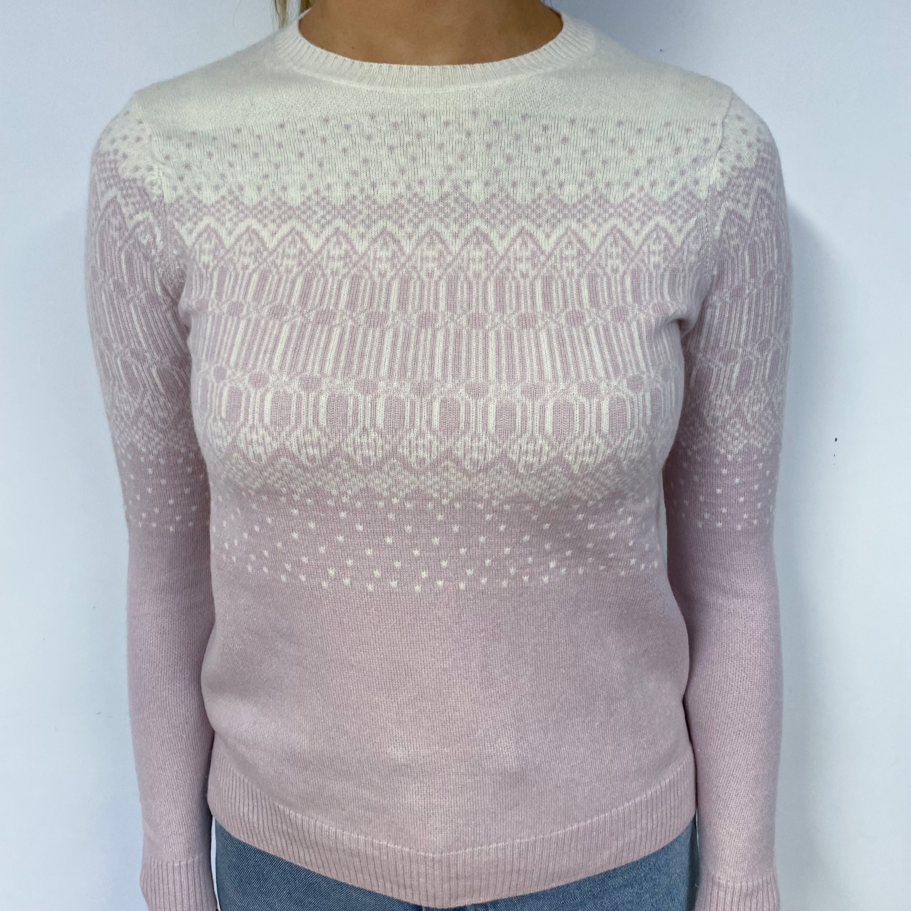 Ivory and Faded Heather Pink Cashmere Crew Neck Jumper Small