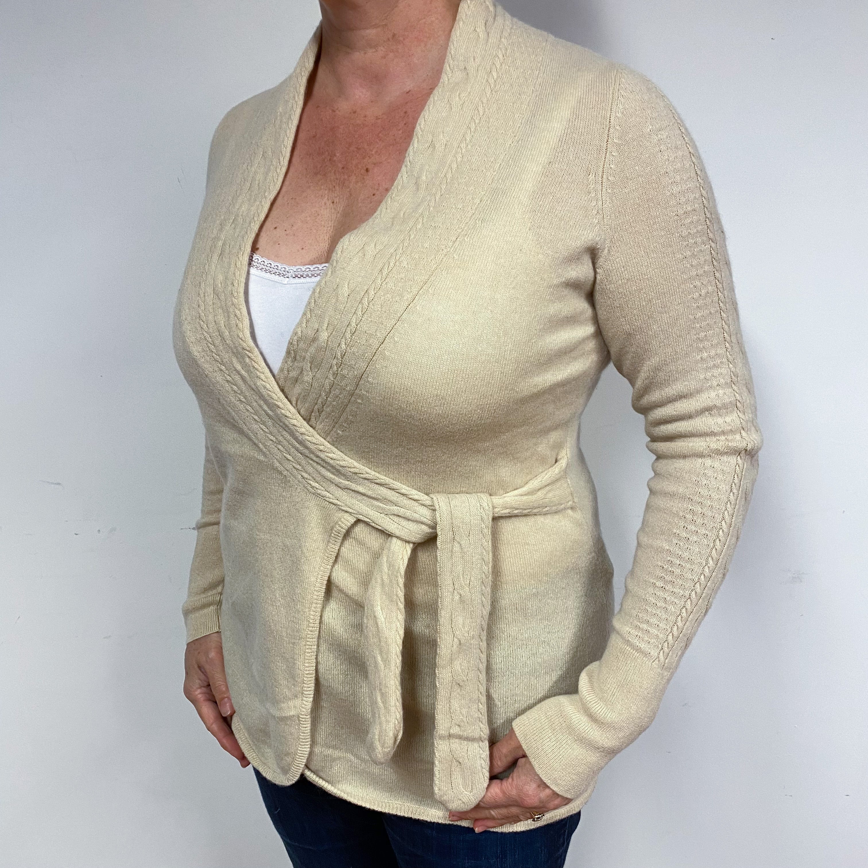 Sand Beige Cashmere Tie Front Cardigan Large