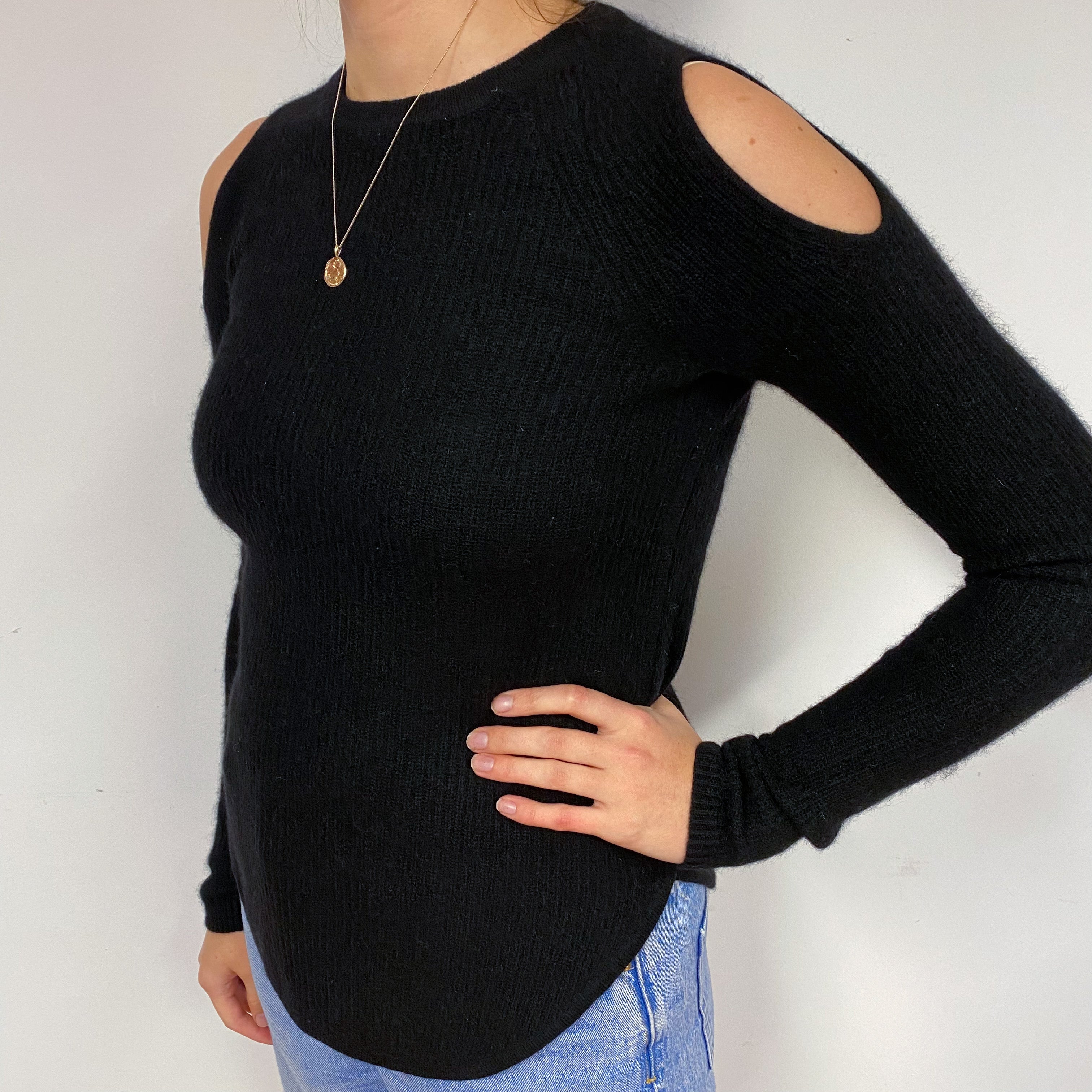 Black Cold Shoulder Cashmere Crew Neck Jumper Small