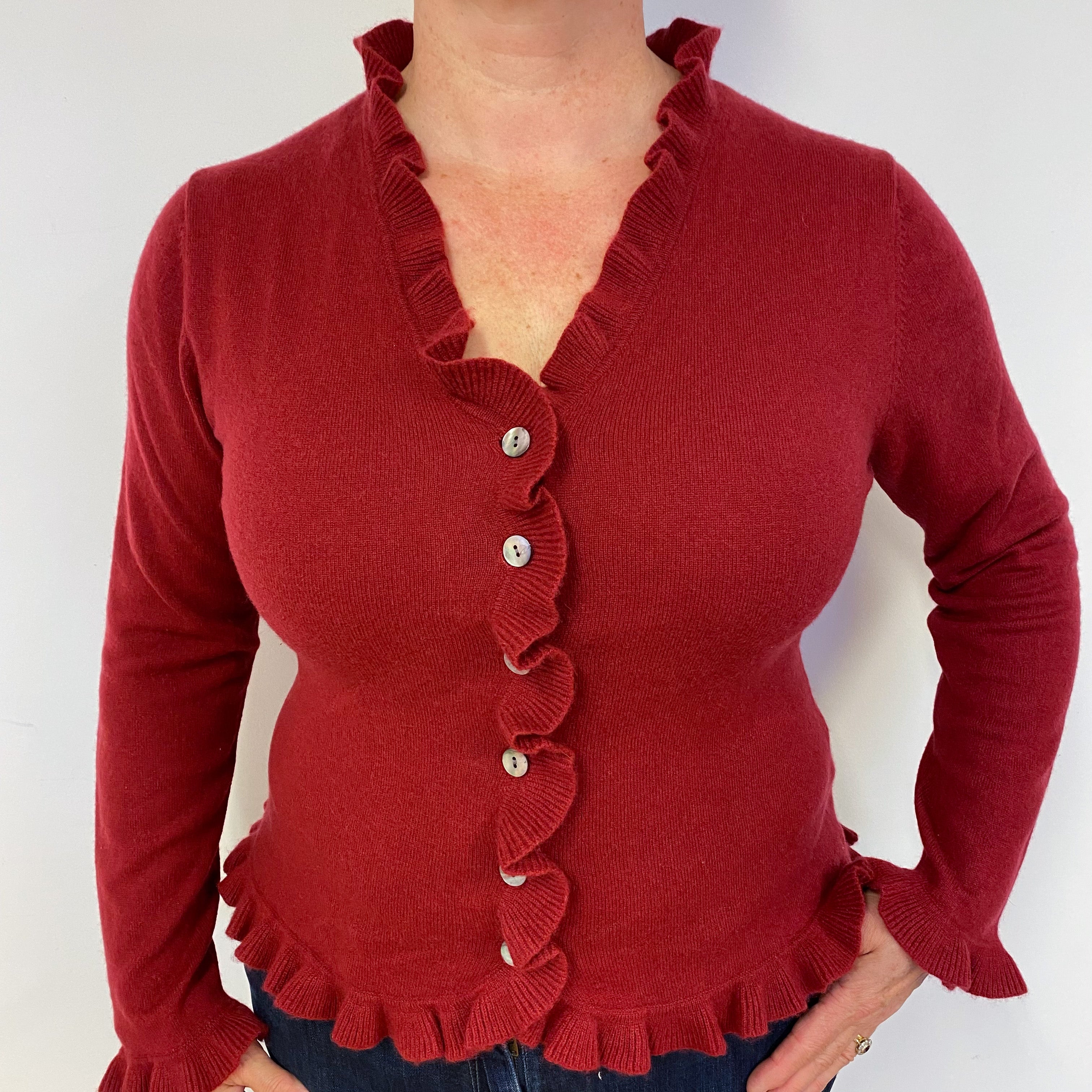 Crimson Red Frilly Cashmere Cardigan Large