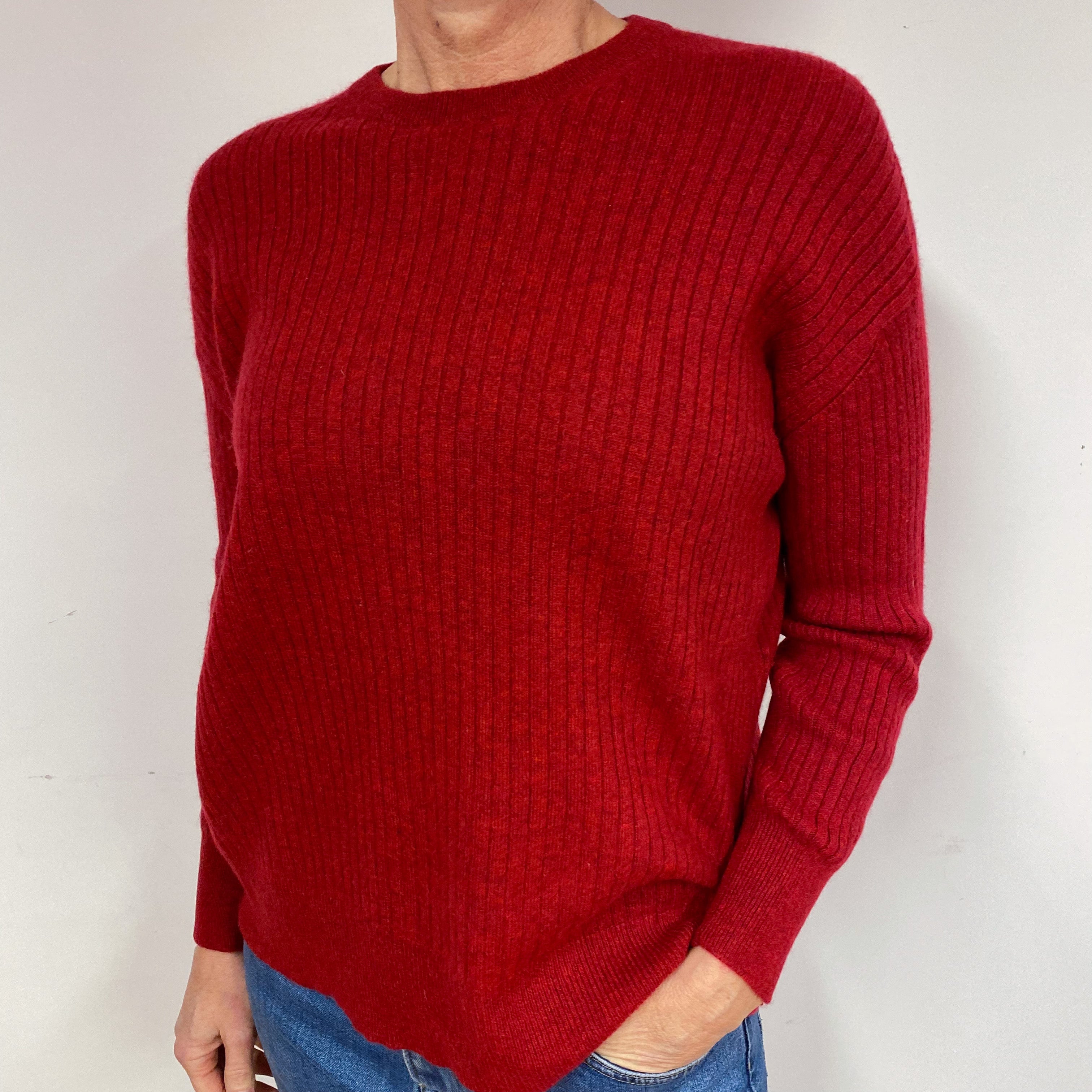 Slouchy Red Ribbed Cashmere Crew Neck Jumper Medium