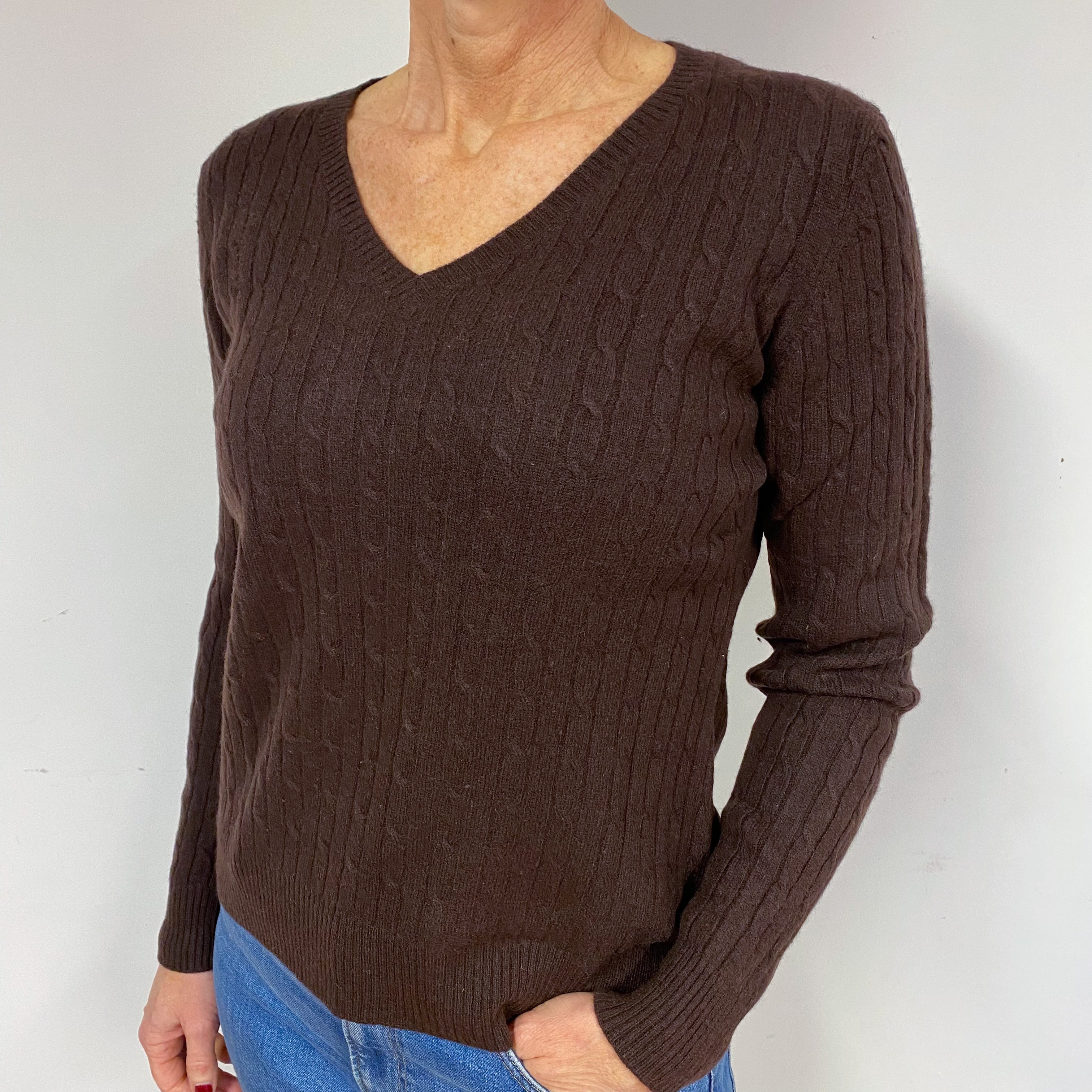 Peppercorn Brown Cable Cashmere V-Neck Jumper Medium