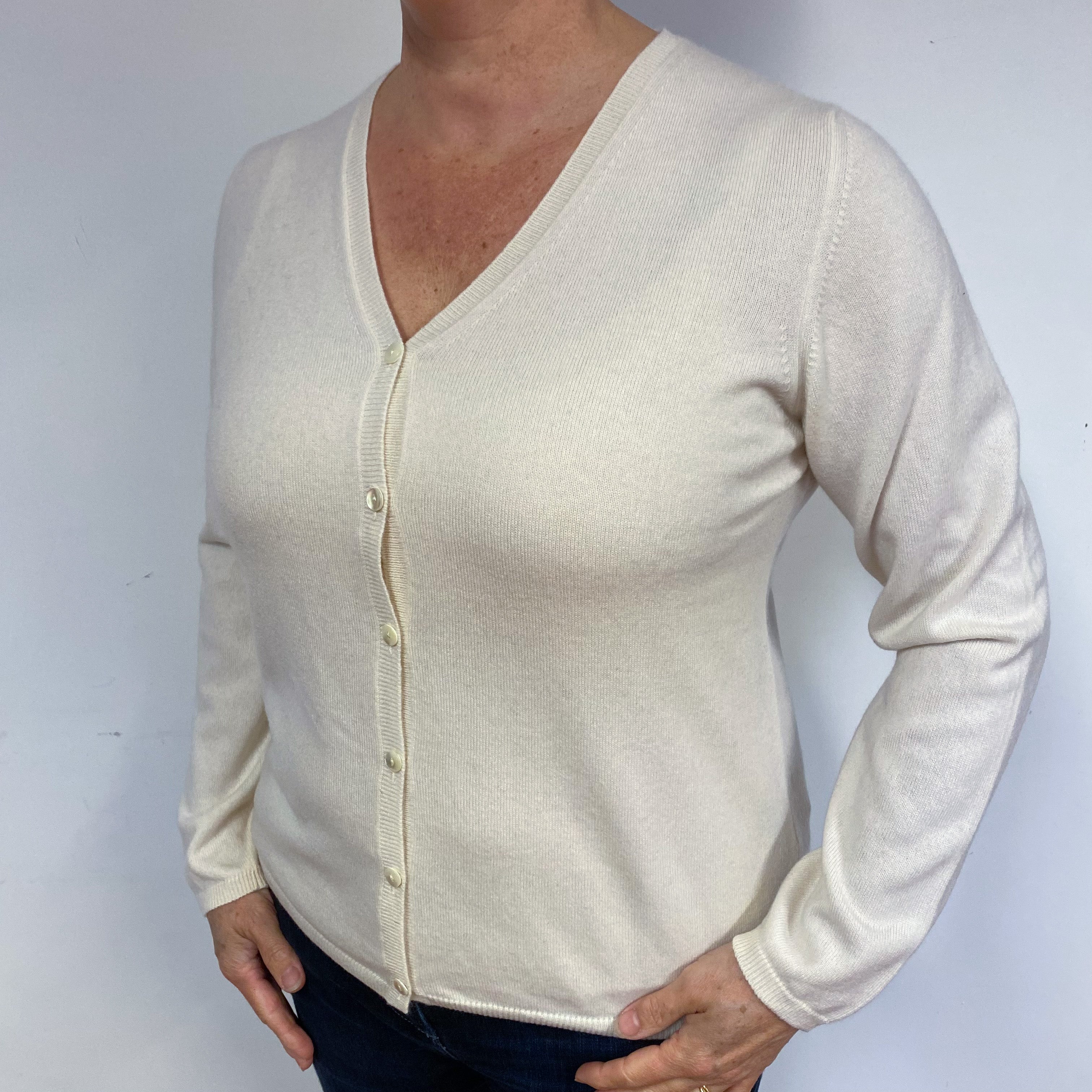 Ivory Cream V Neck Cashmere Cardigan Large