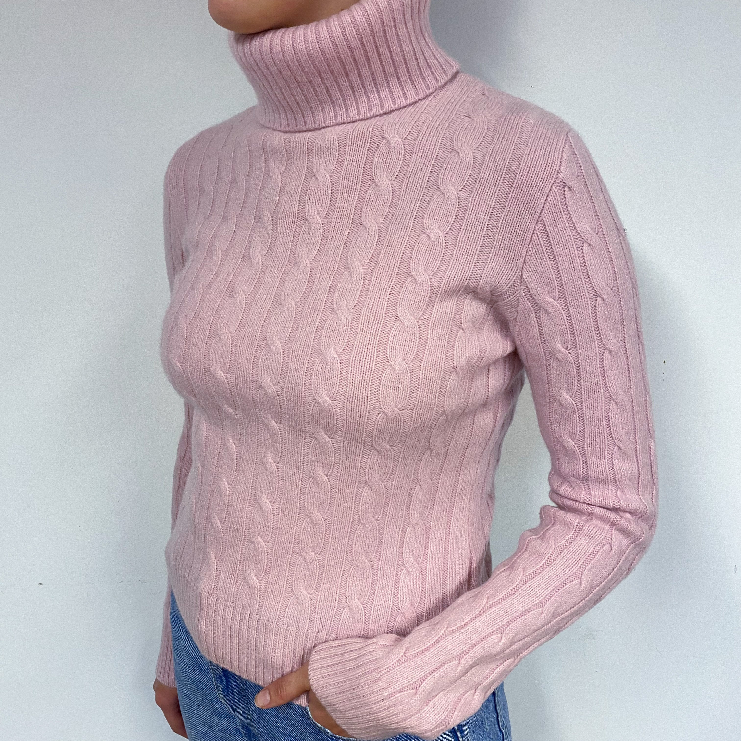 Carnation Pink Cable Cashmere Polo Neck Jumper Small