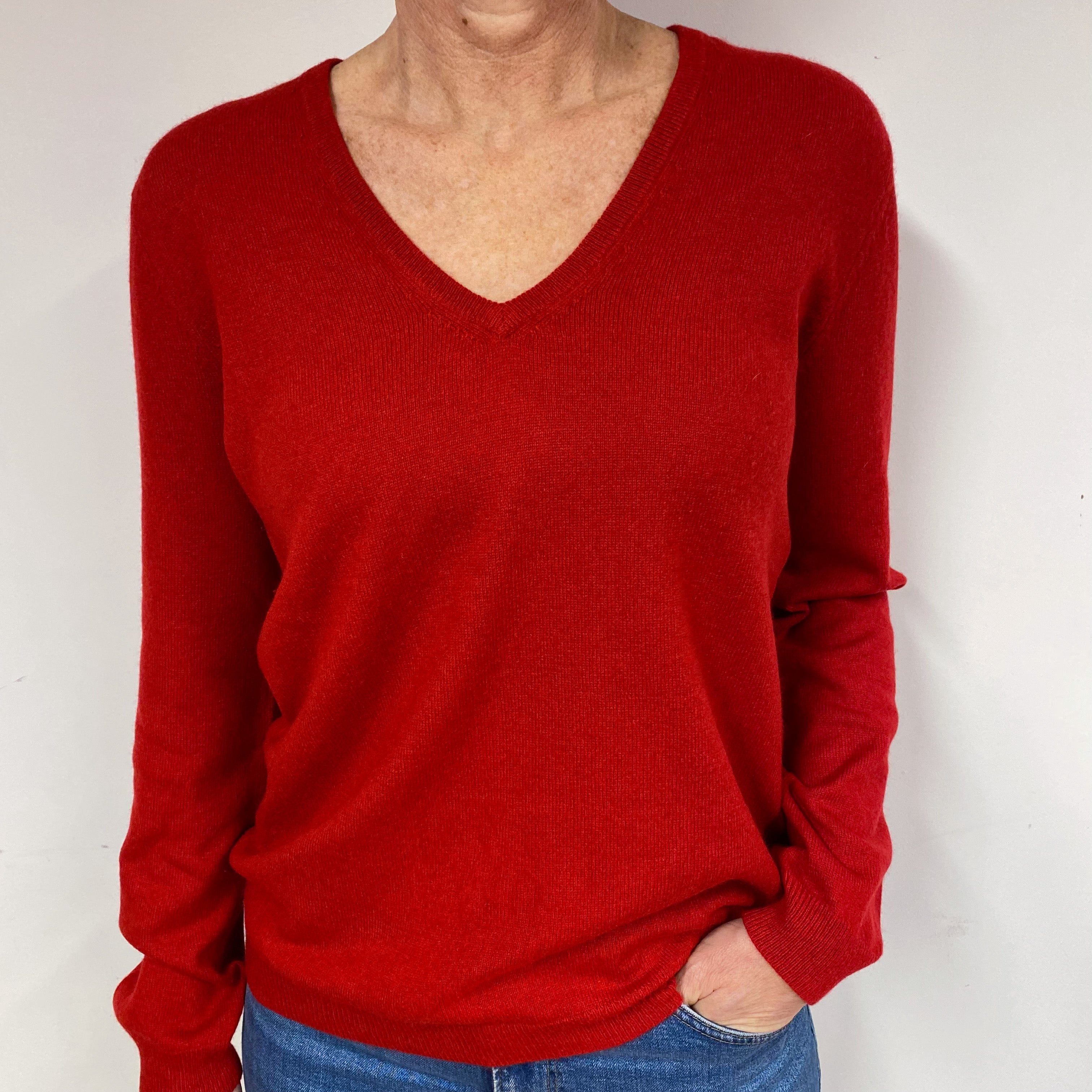 Crimson Red Cashmere V-Neck Jumper Medium