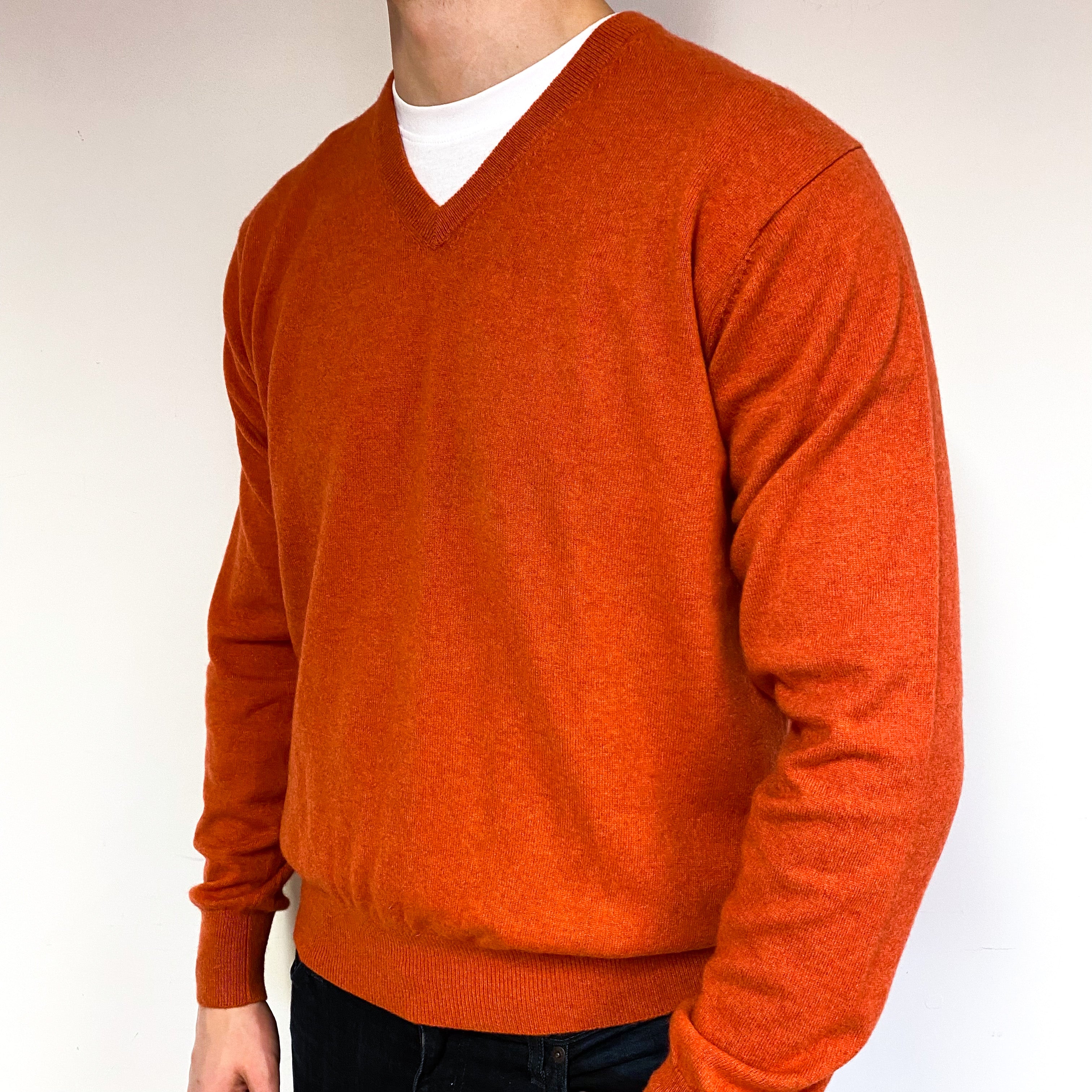 Men's Burnt Orange Cashmere V-Neck Jumper Extra Large