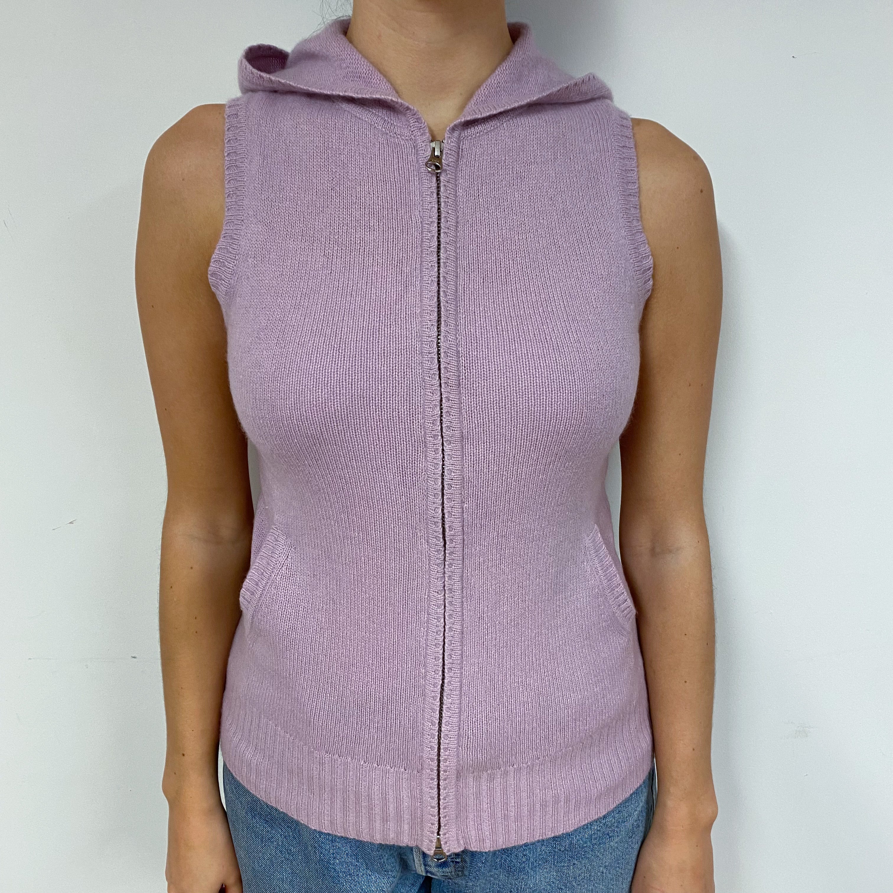 Lilac Purple Sleeveless Cashmere Zip Hoodie Jumper Small