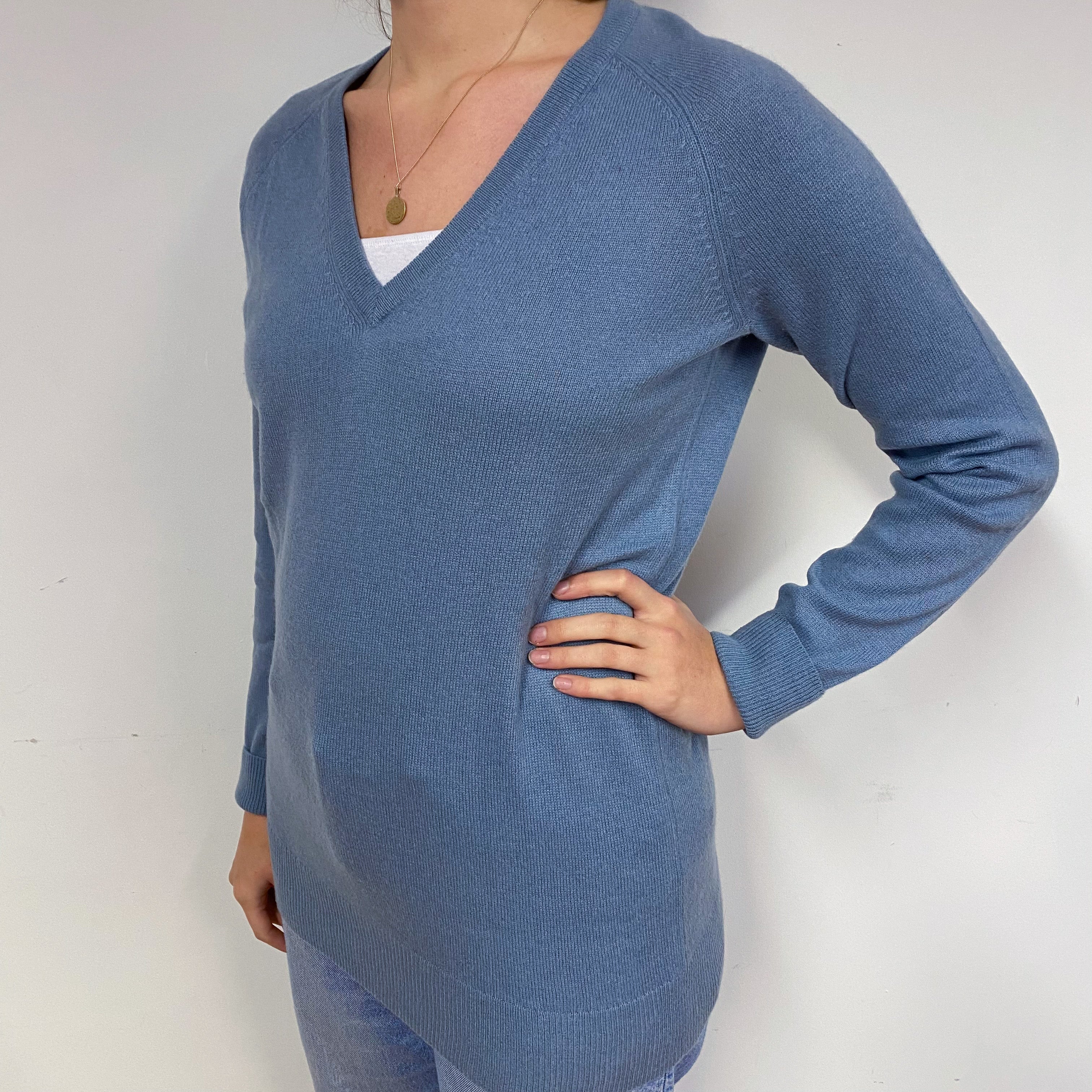 Slouchy Blue Grey Cashmere V-Neck Jumper Small