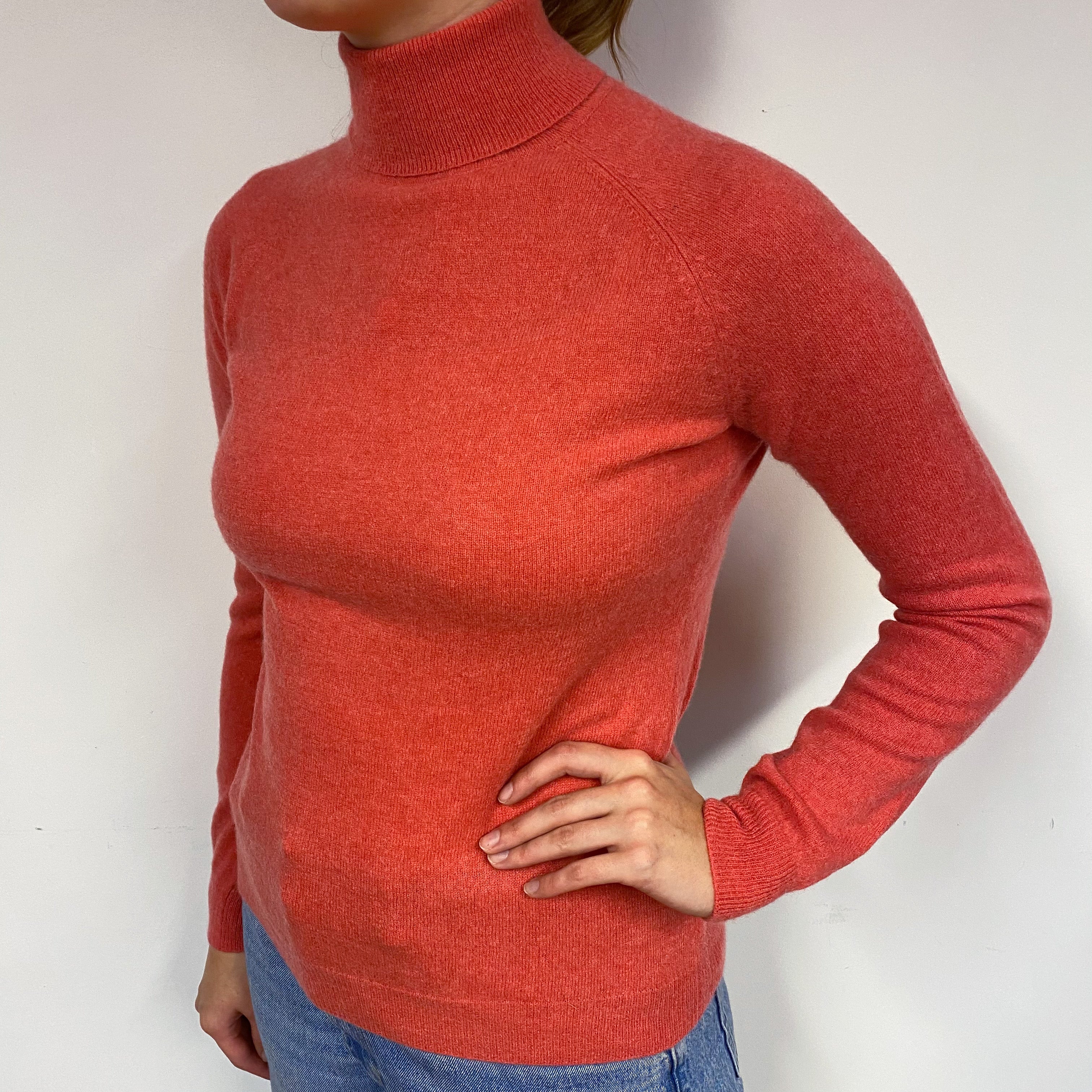 Deep Fiery Orange Cashmere Polo Neck Jumper Small