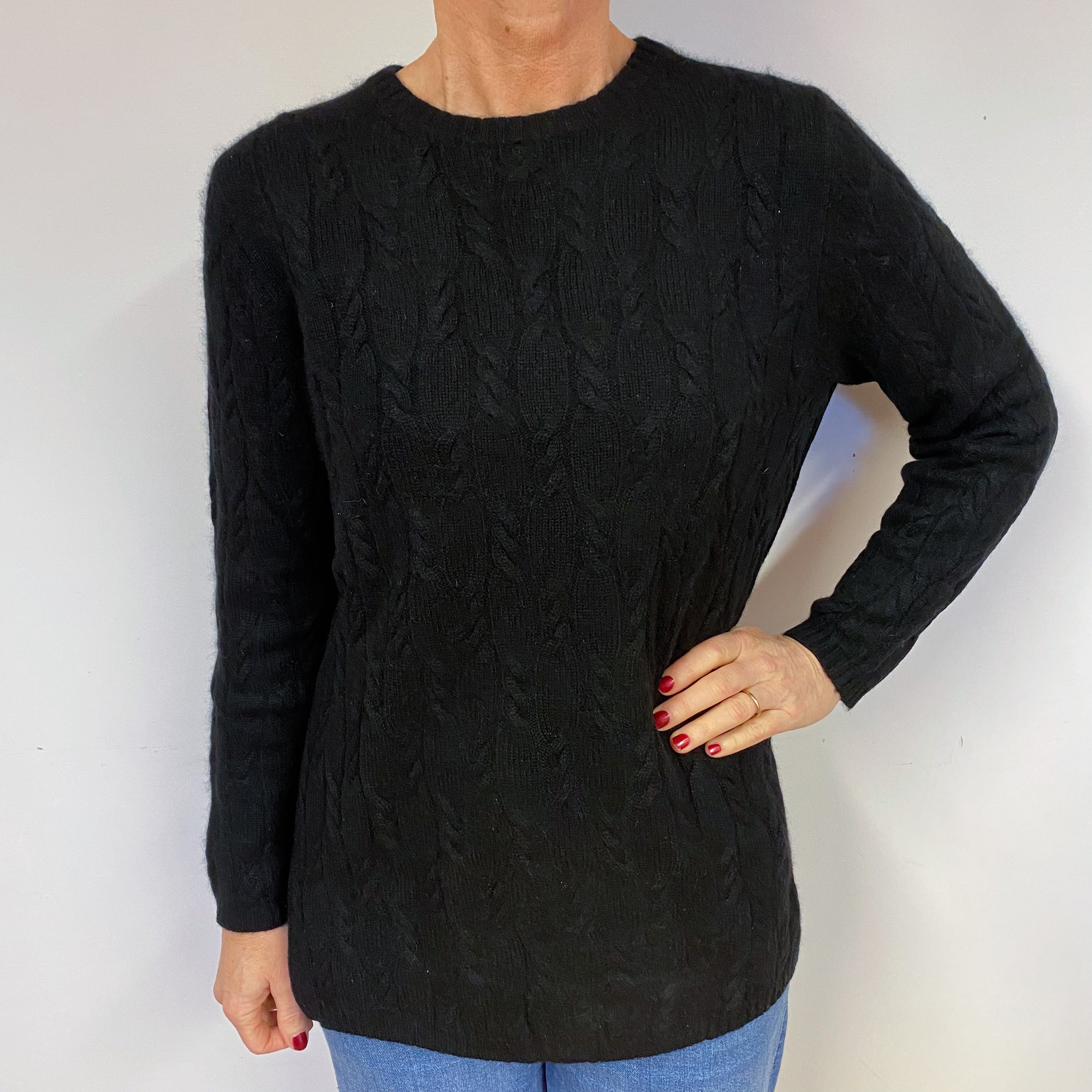 Black Cable Longline Cashmere Crew Neck Jumper Medium