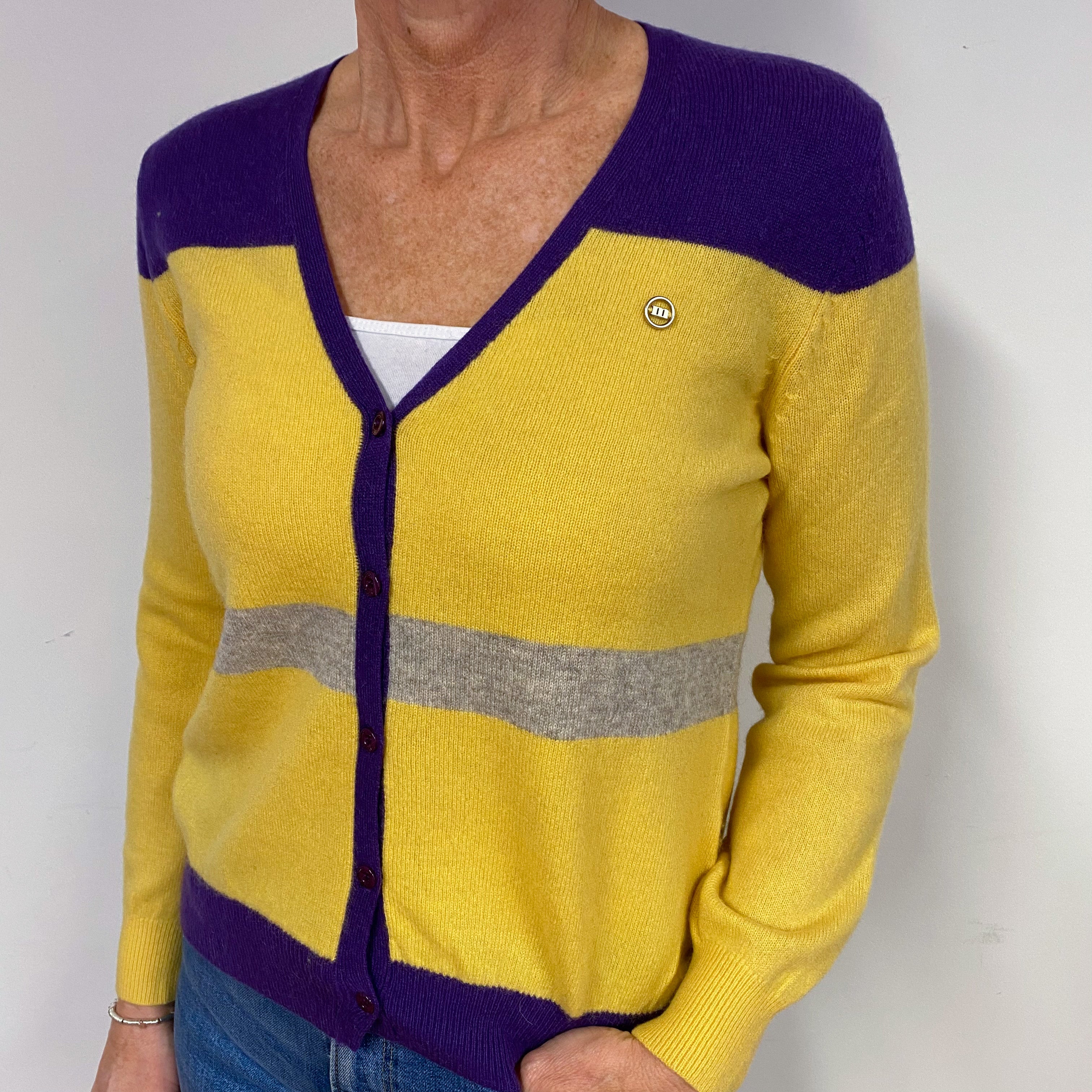 Yellow and Purple Cashmere V-Neck Cardigan Medium