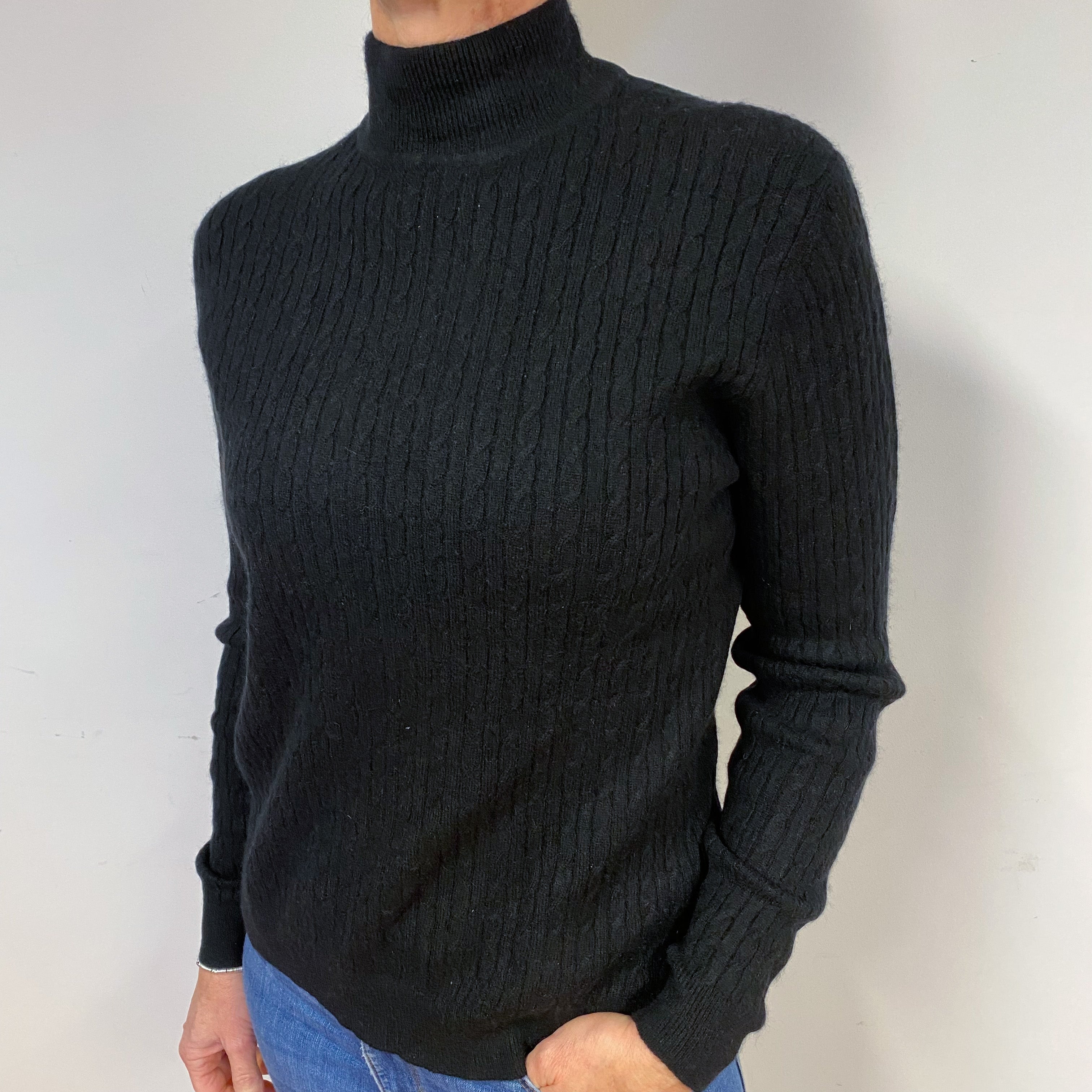 Black Cable Cashmere Polo Neck Jumper Medium