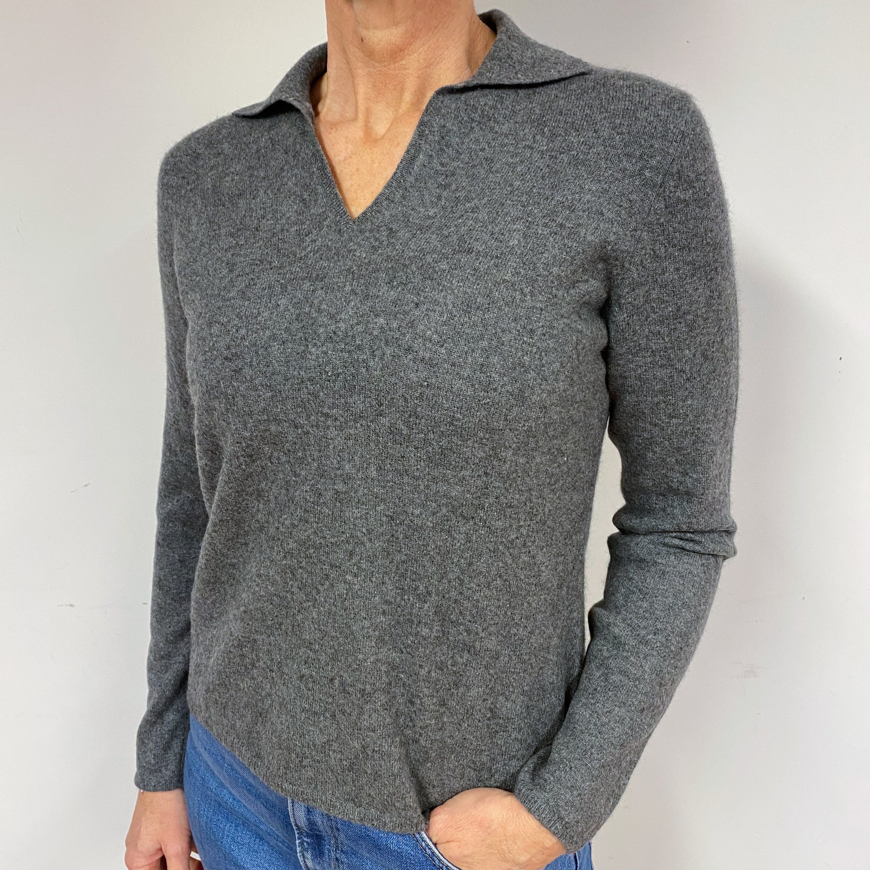 Grey Collared Cashmere V-Neck Jumper Medium/Petite