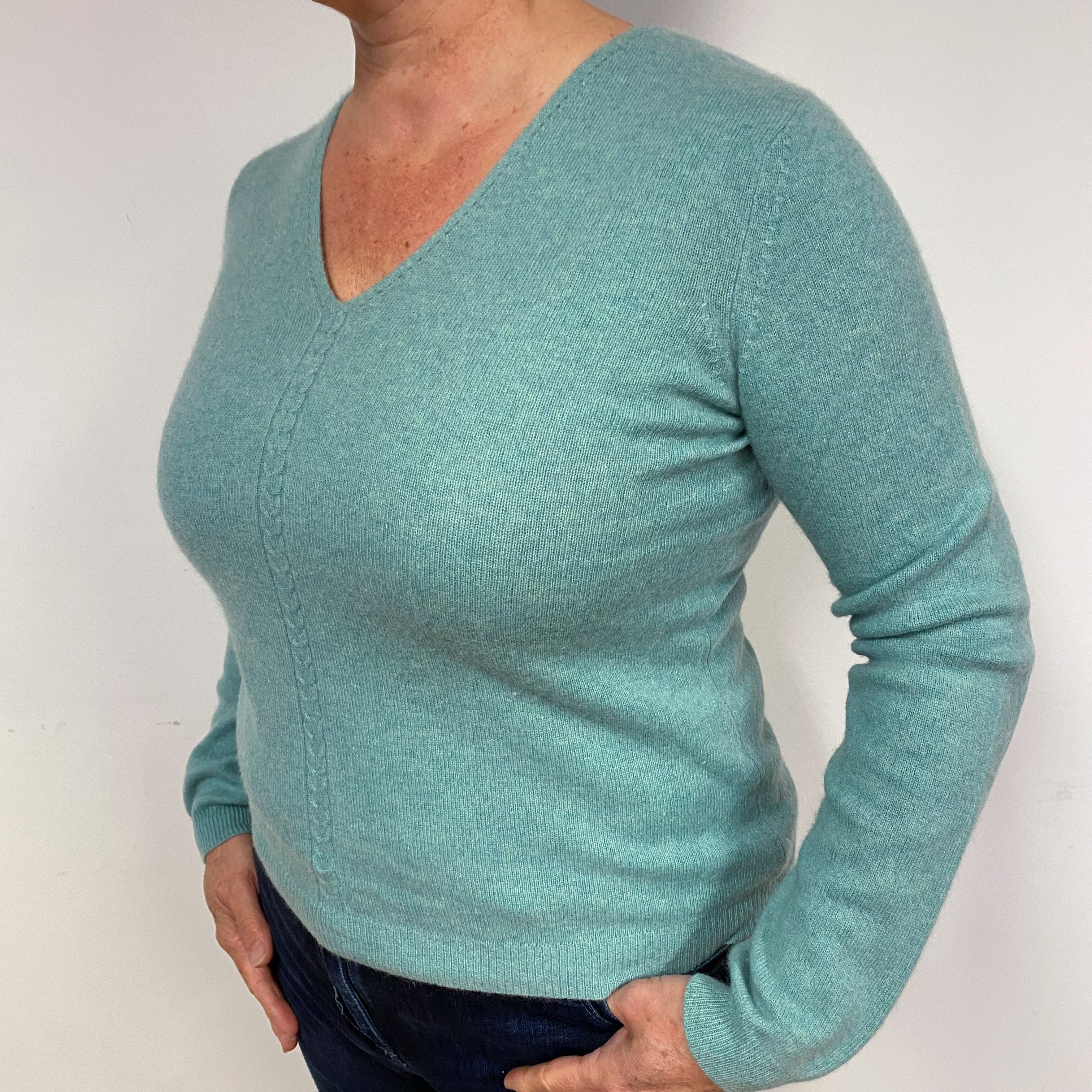 Sea Foam Green Cashmere V-Neck Jumper Large