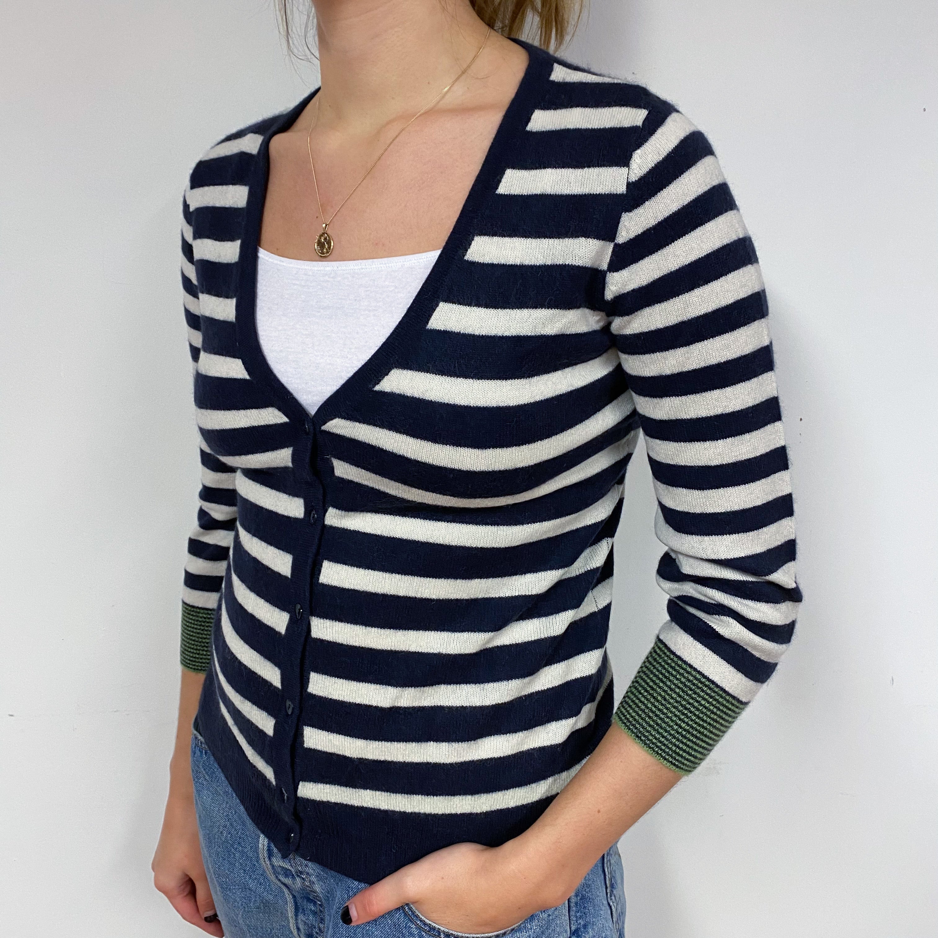 Navy and Cream Stripe Cashmere V-Neck Cardigan Small