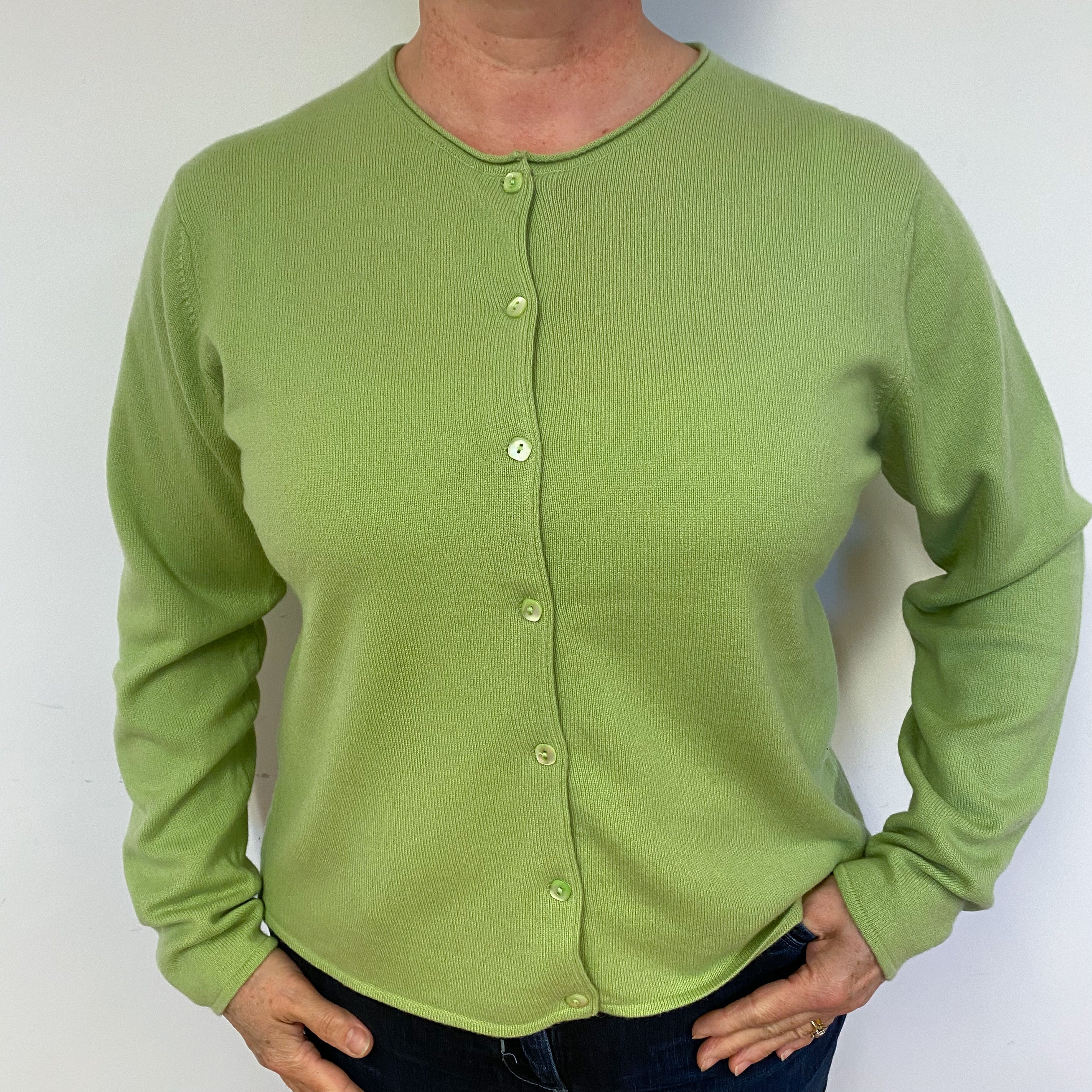 Pear Green Cashmere Crew Neck Cardigan Large