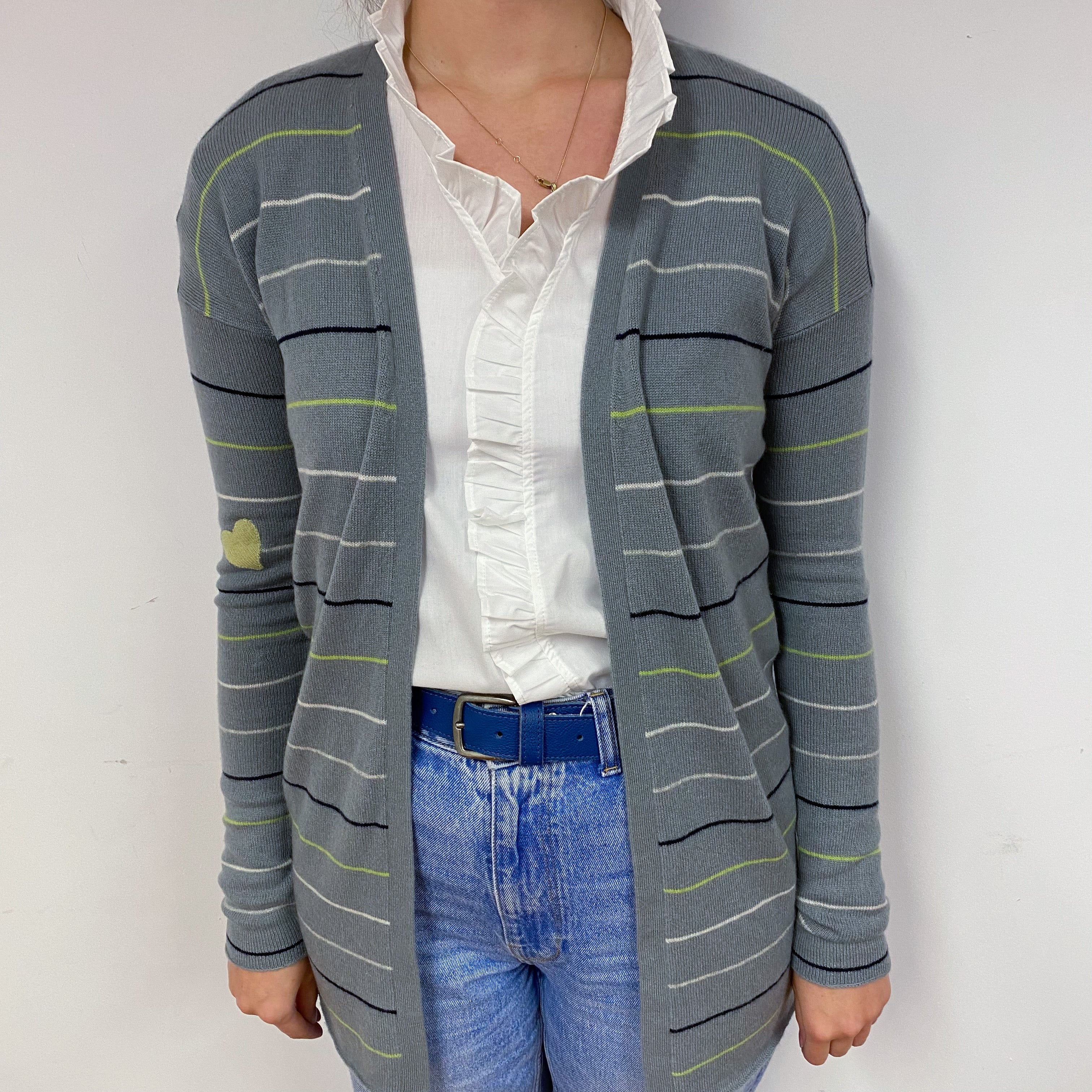 Steel Grey Stripe Cashmere Edge to Edge Cardigan Small