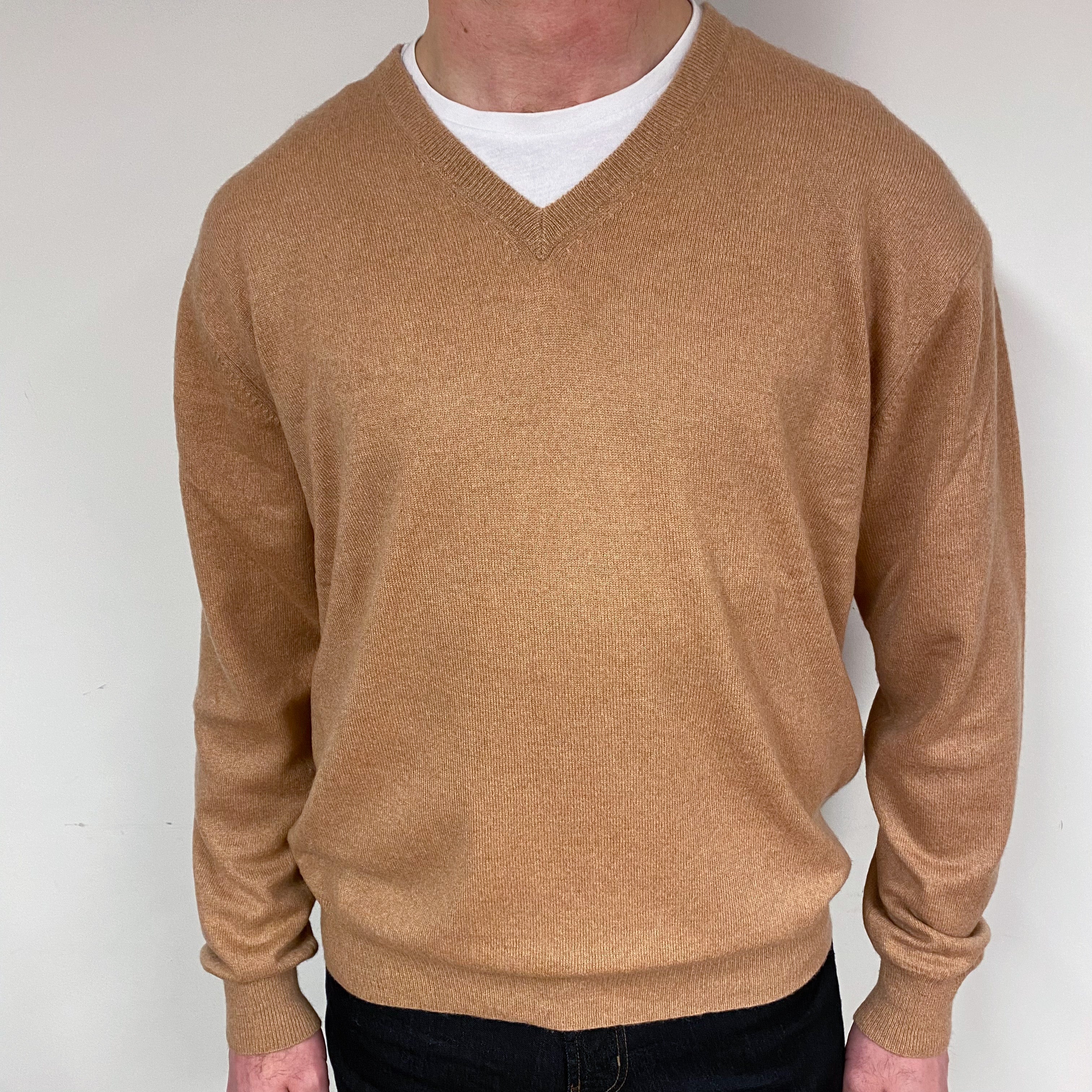 Men's Butterscotch Brown Cashmere V-Neck Jumper Extra Extra Large