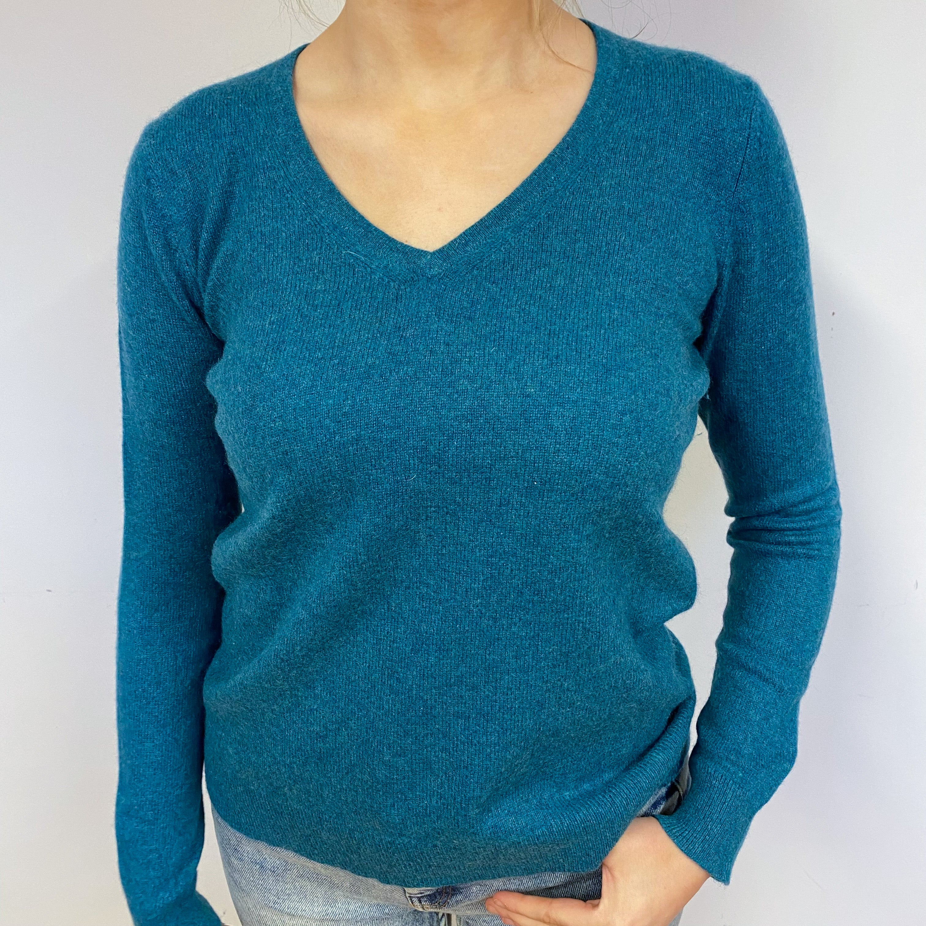 Teal Green Cashmere V-Neck Jumper Small