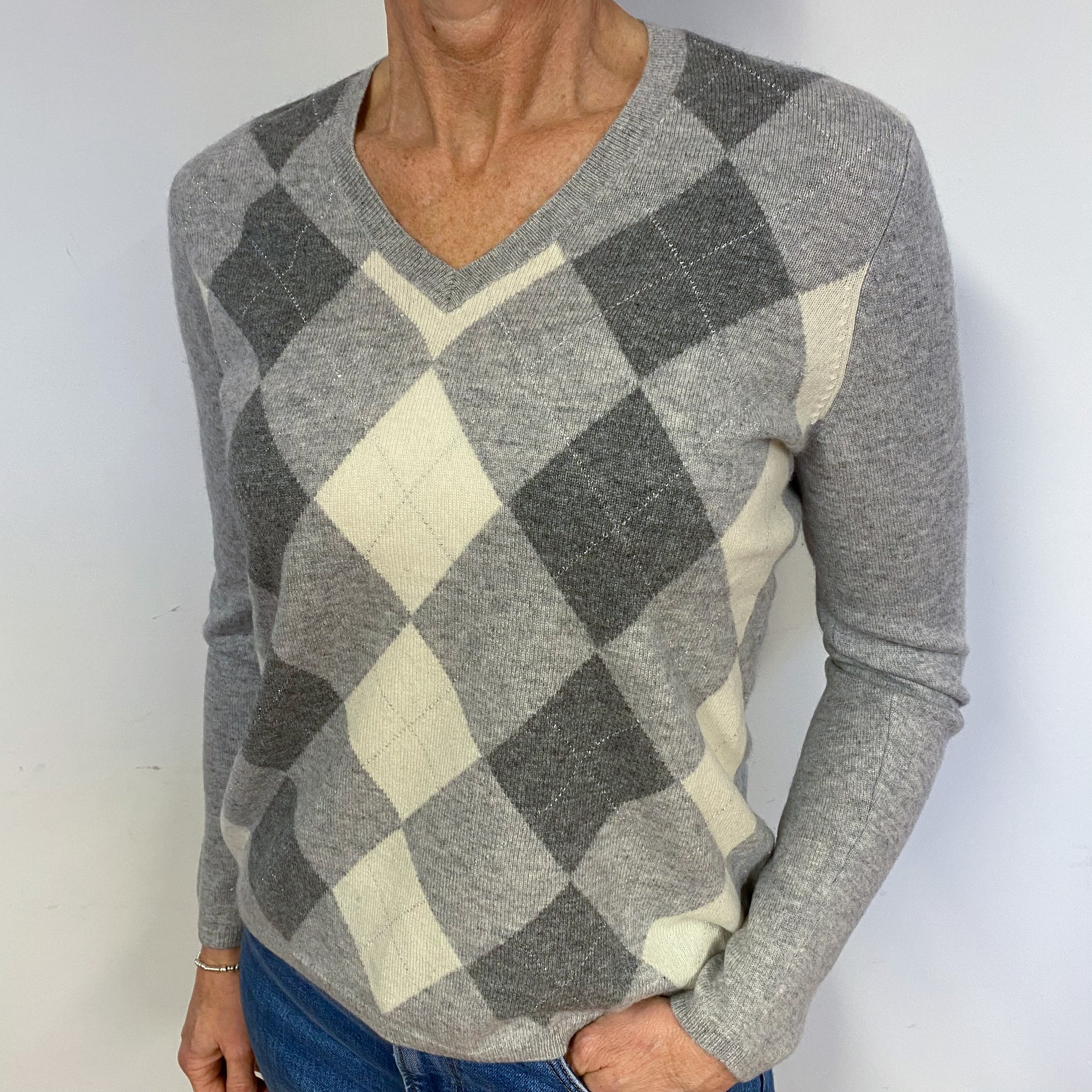 Grey Diamond Cashmere V-Neck Jumper Medium