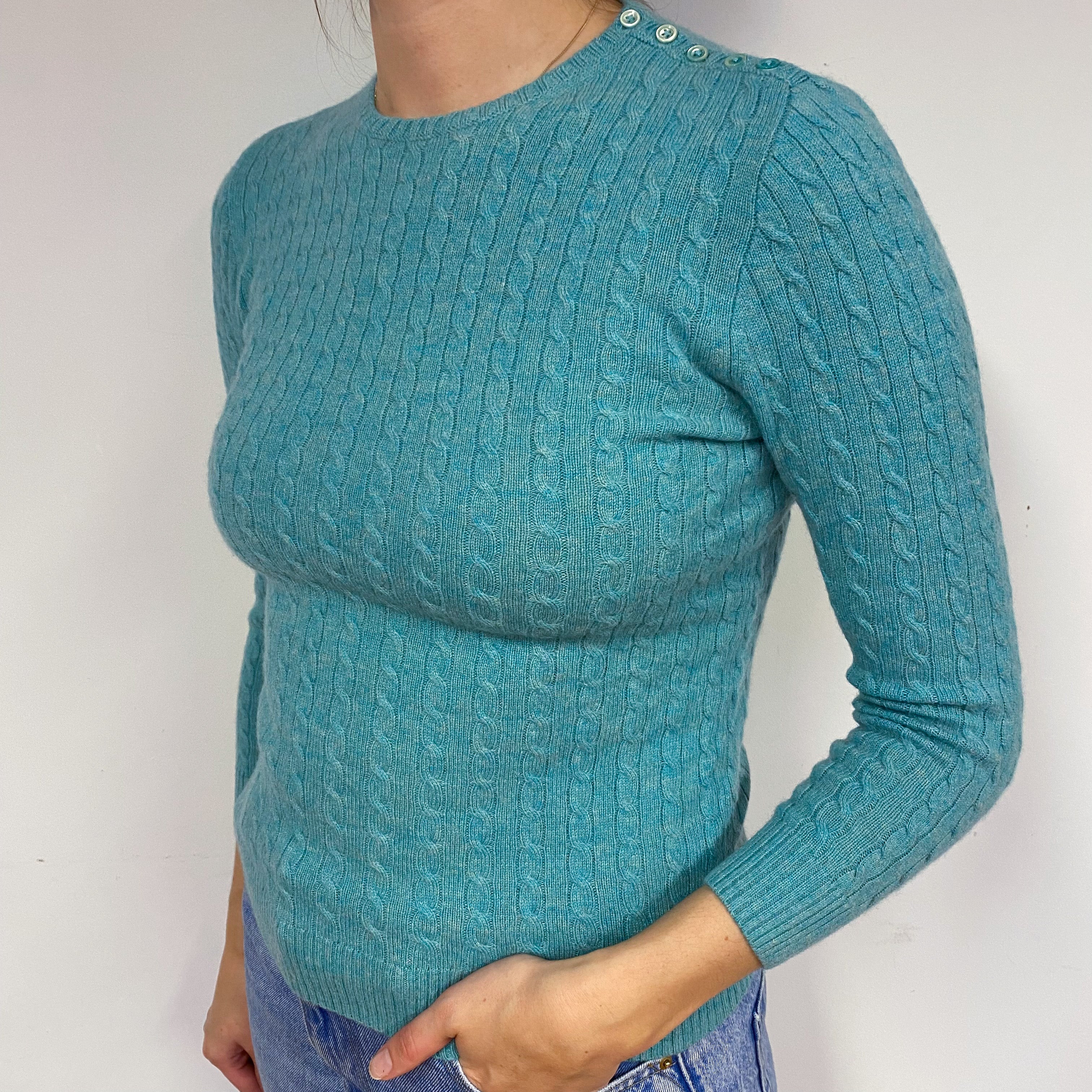 Sea Foam Green Cable Cashmere Crew Neck Jumper Small