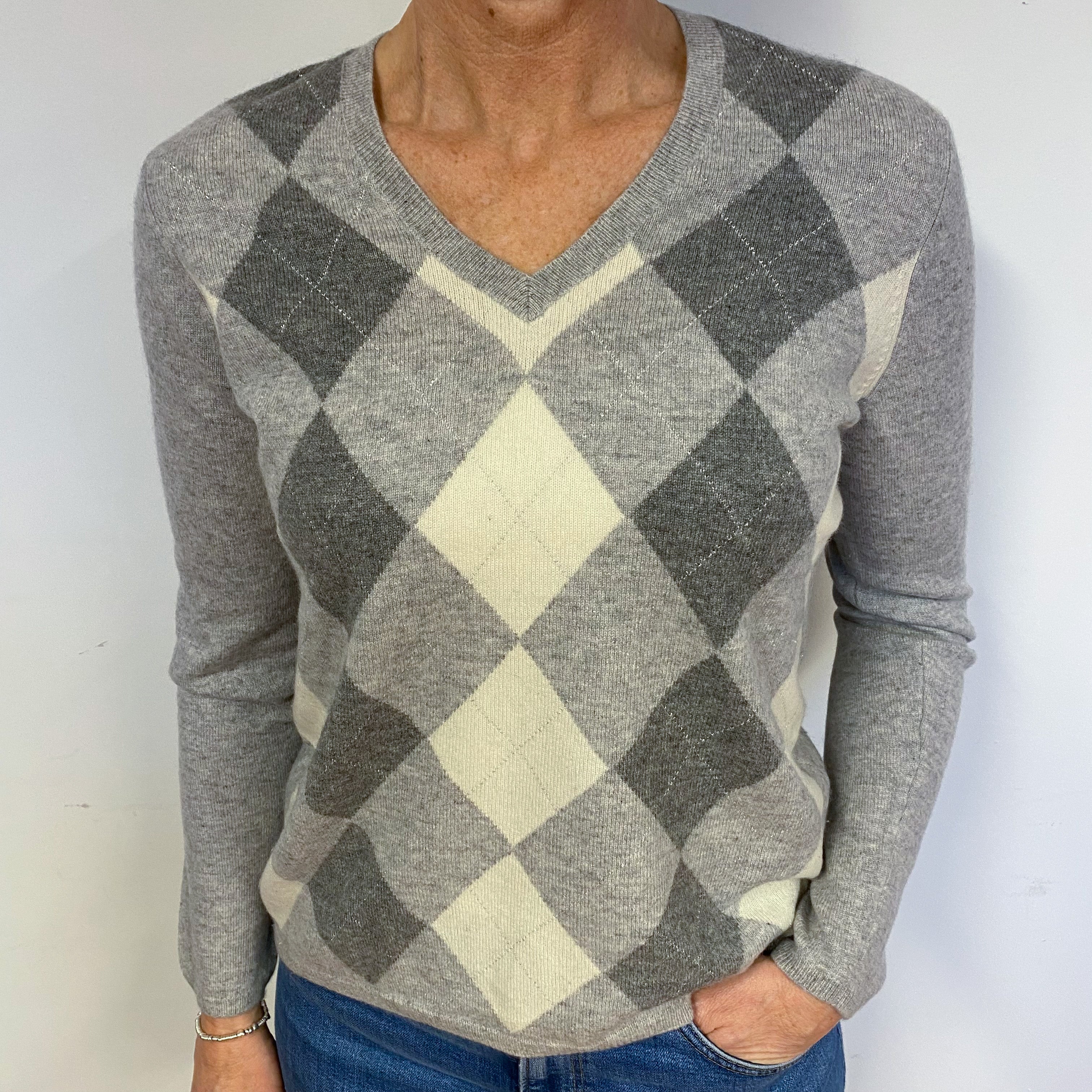 Grey Diamond Cashmere V-Neck Jumper Medium