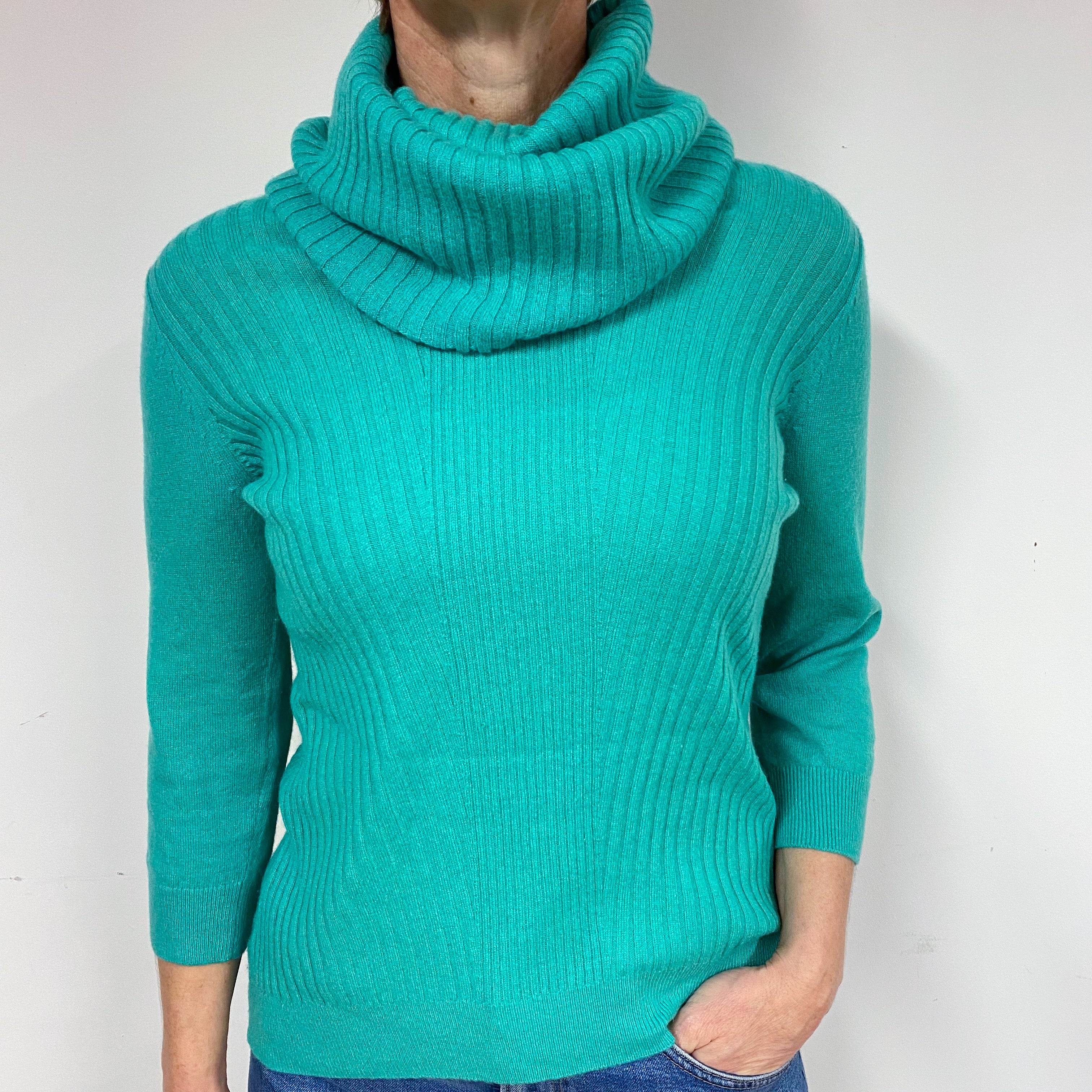 Emerald Green Ribbed Cashmere Cowl Neck Jumper Medium