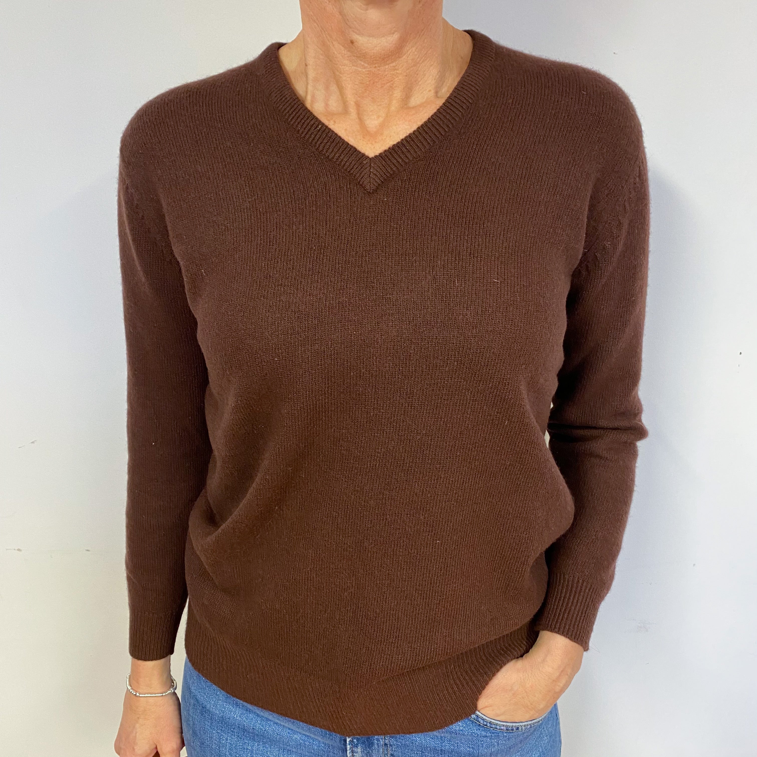 Vintage Mahogany Brown Cashmere V-Neck Jumper Medium