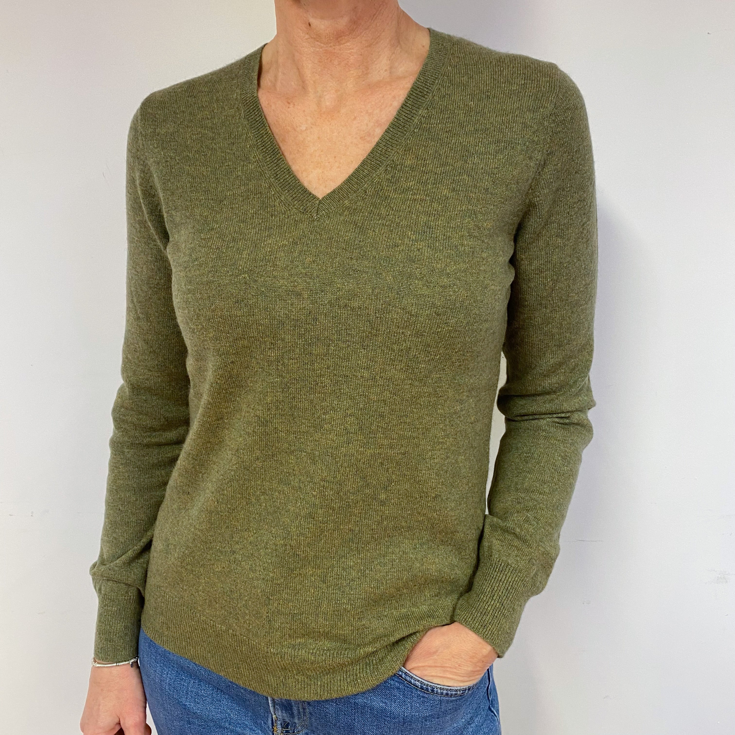 Olive Green Cashmere V-Neck Jumper Medium