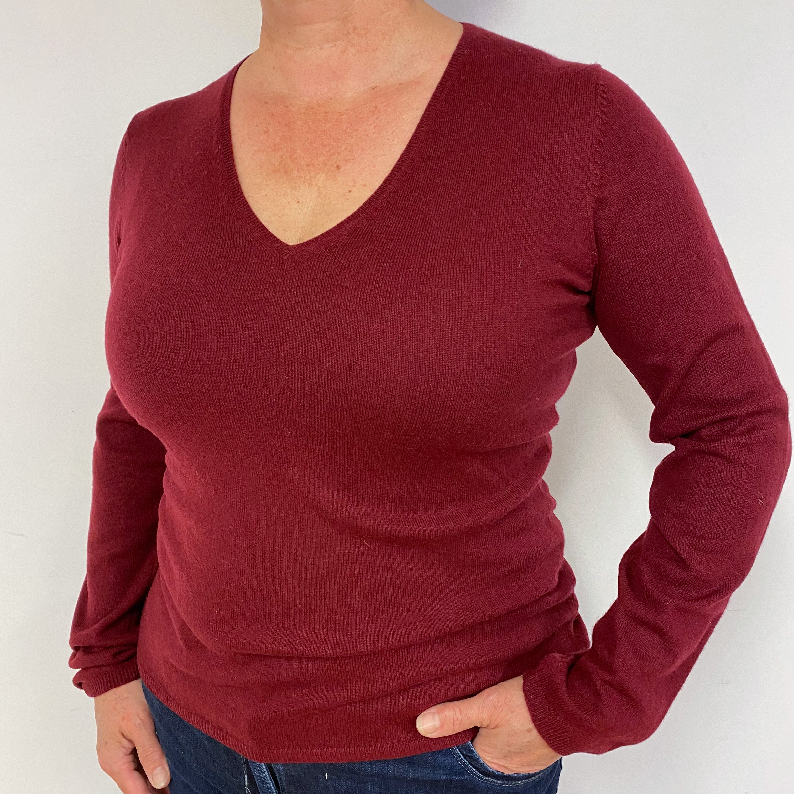 Wine Red Cashmere V-Neck Jumper Large