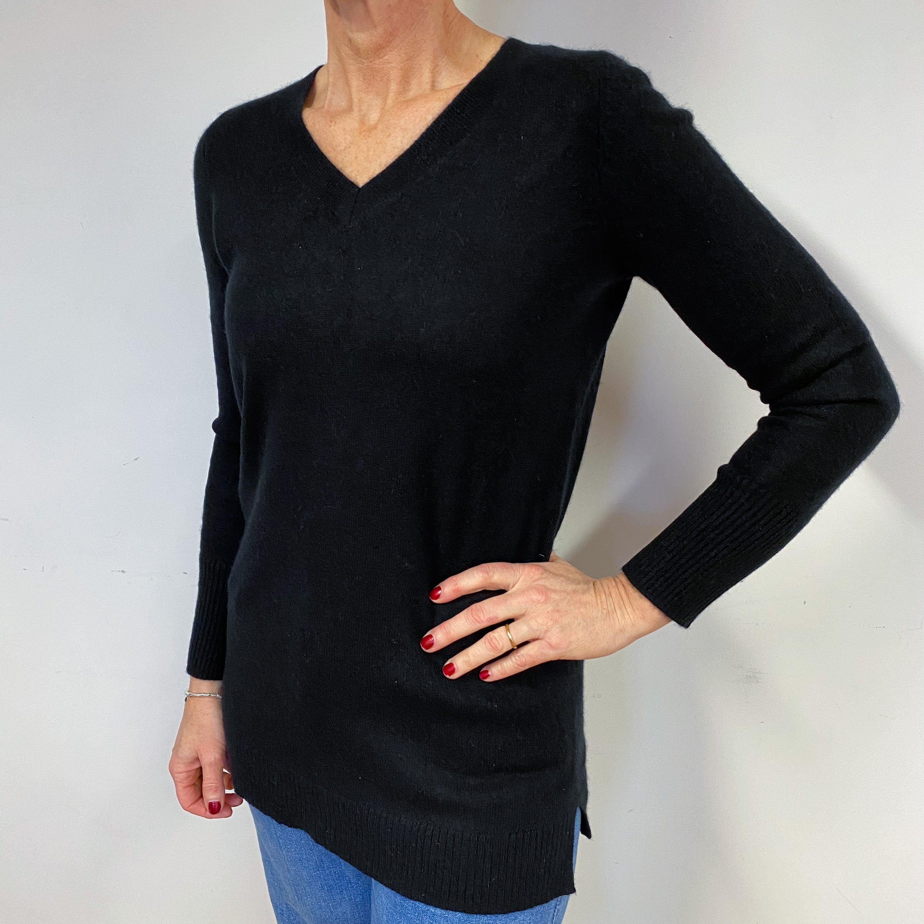 Black Longline Cashmere V-Neck Jumper Medium