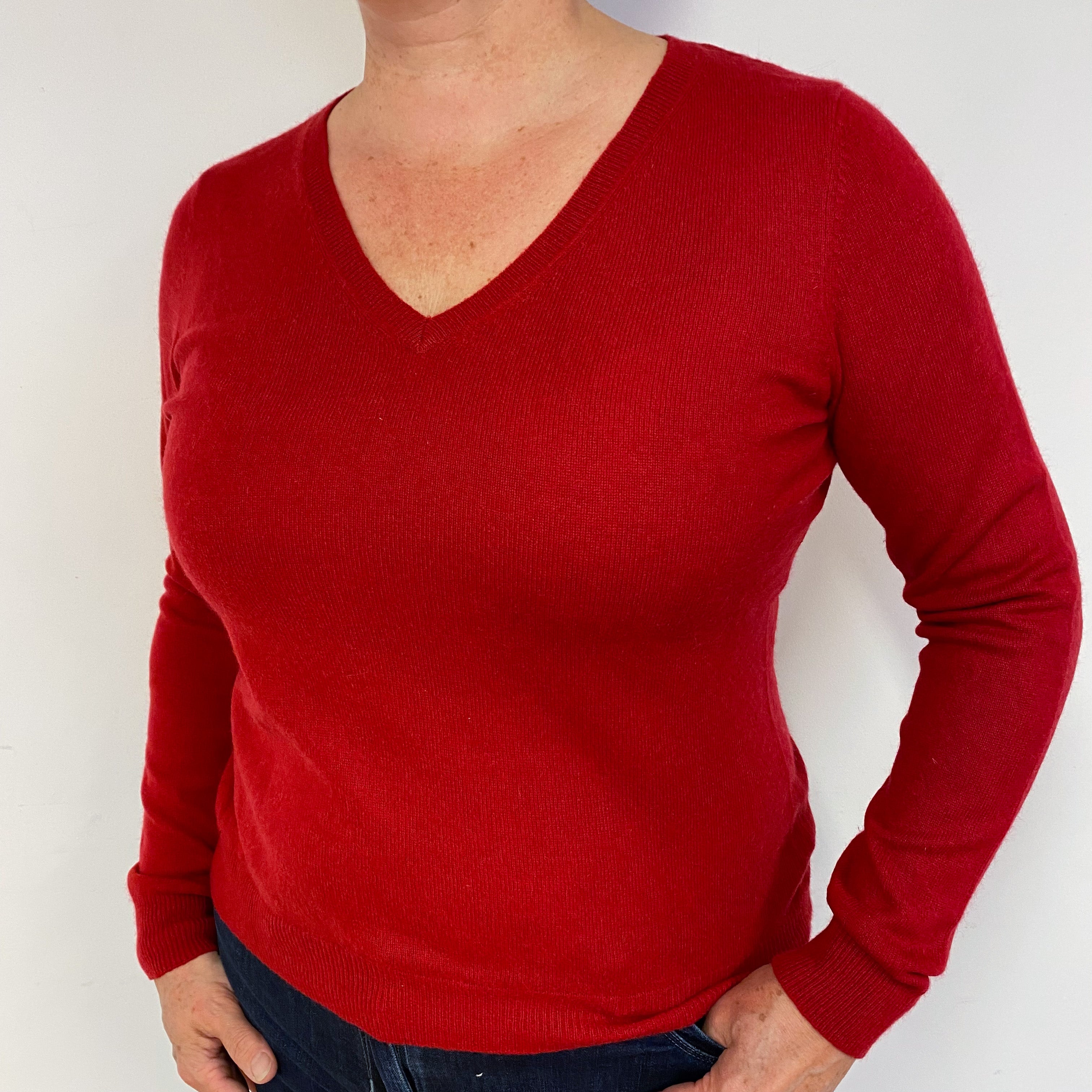 Post Box Red Cashmere V-Neck Jumper Large